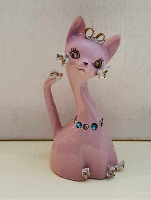 Vtg Lefton Anthropomorphic PINK Kitty Cat BELL W Gold Bow Rhinestone Collar Trim Vtg Lefton Anthropomorphic PINK Kitty Cat BELL W Gold Bow Rhinestone Collar Trim