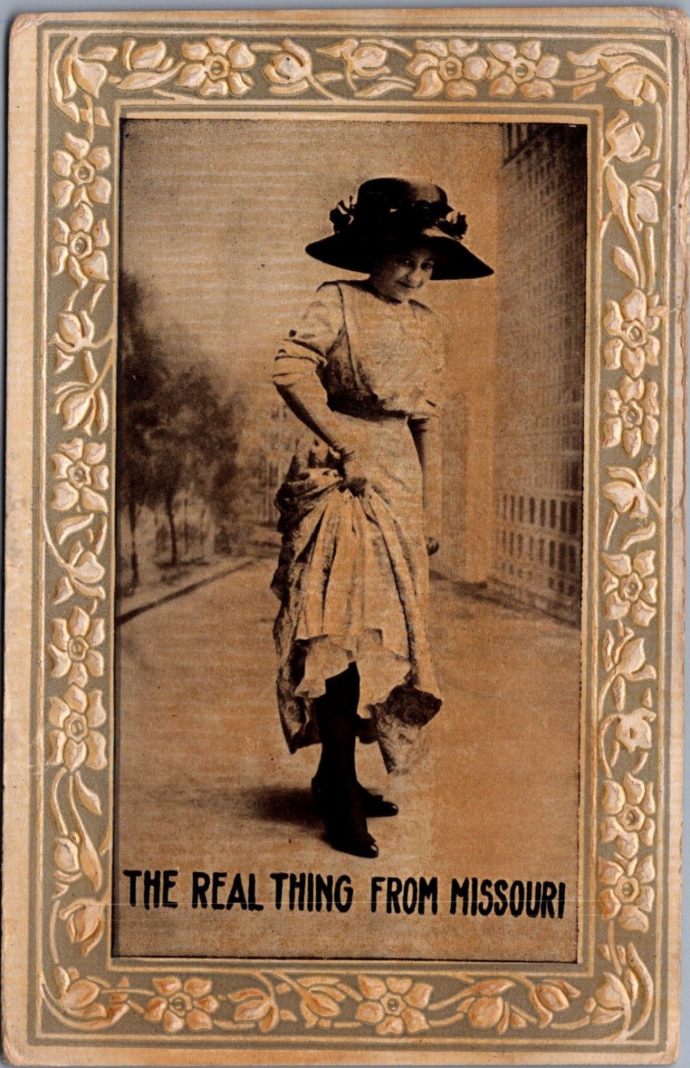 Missouri Woman Large Hat Edwardian Era Embossed Floral Postcard 1912