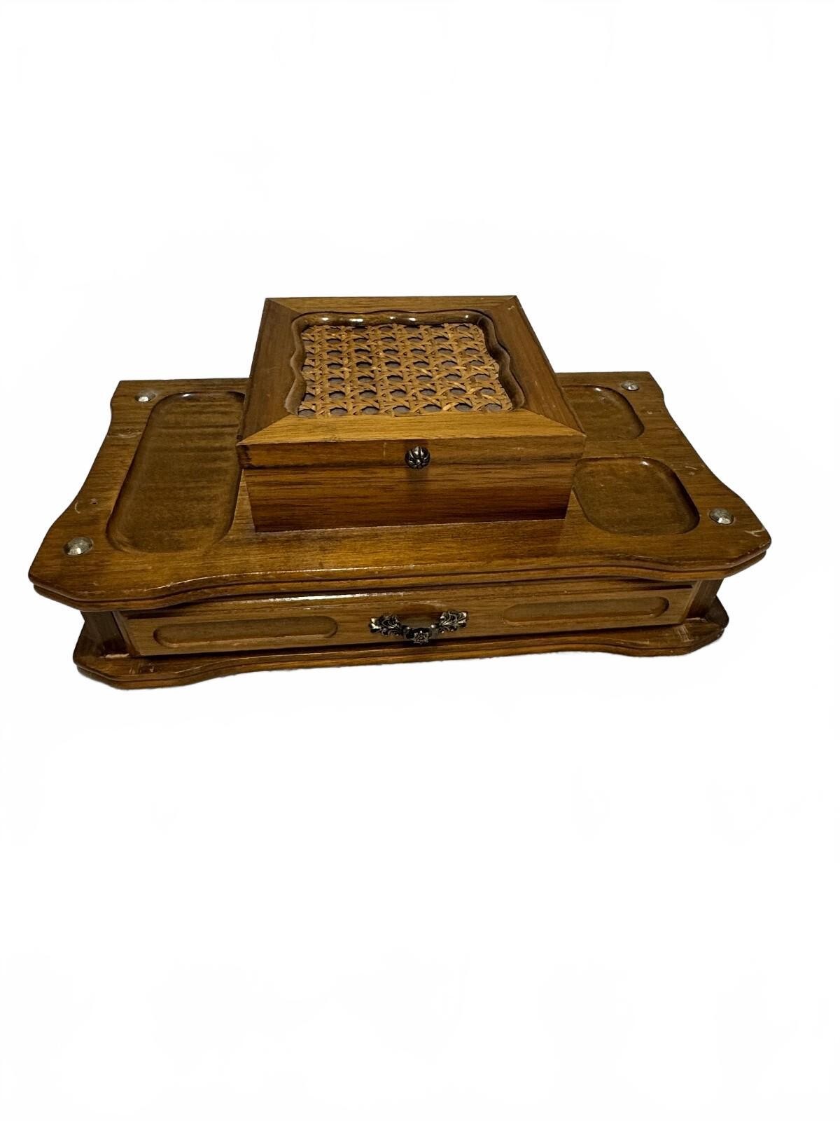 Vintage Mid Century Wooden Valet Box Dresser Organizer Cane Lid Drawer Vintage Mid Century Wooden Valet Box Dresser Organizer Cane Lid Drawer