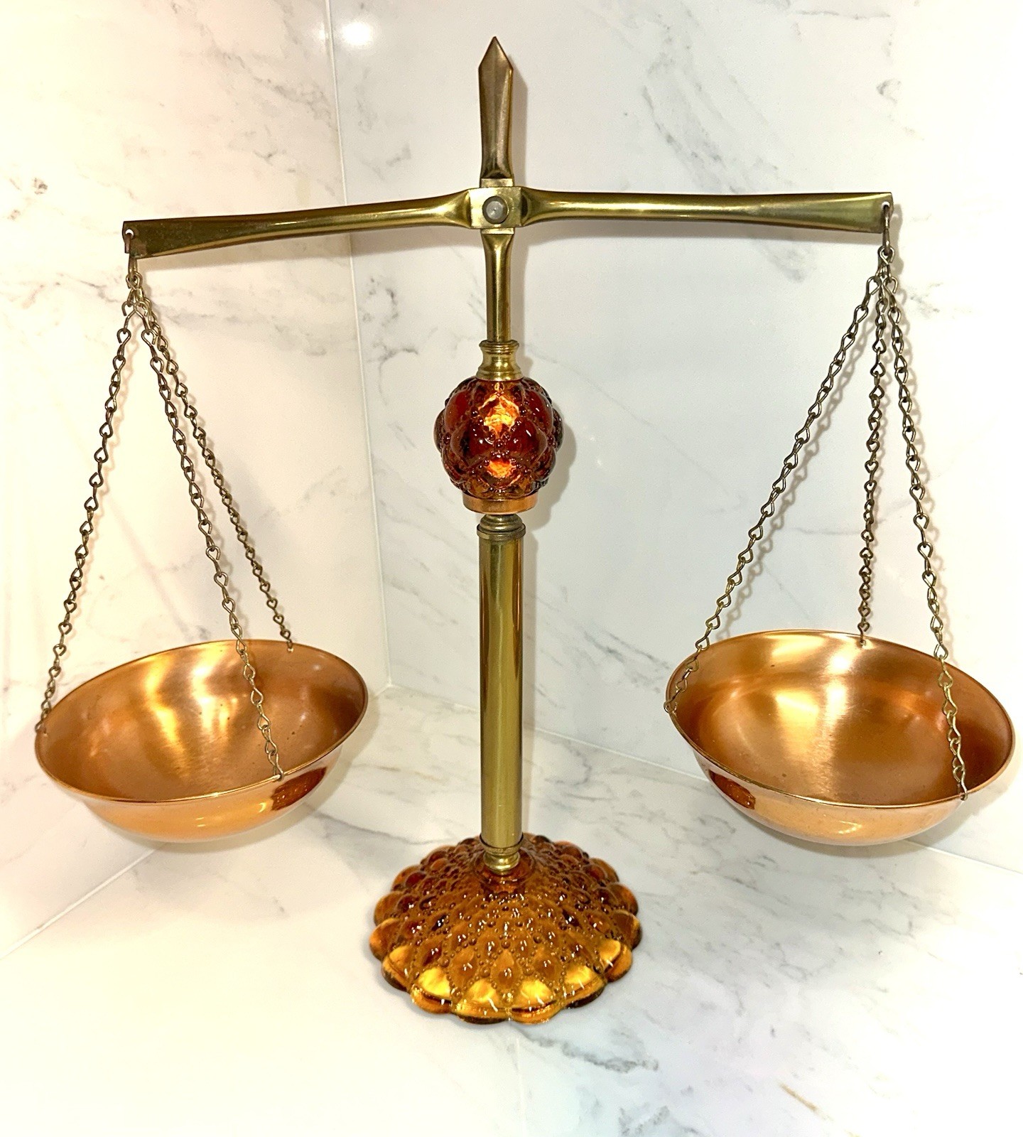 Vintage Princess House Amber Glass Brass And Copper Scales of Justice Vintage Princess House Amber Glass Brass And Copper Scales of Justice