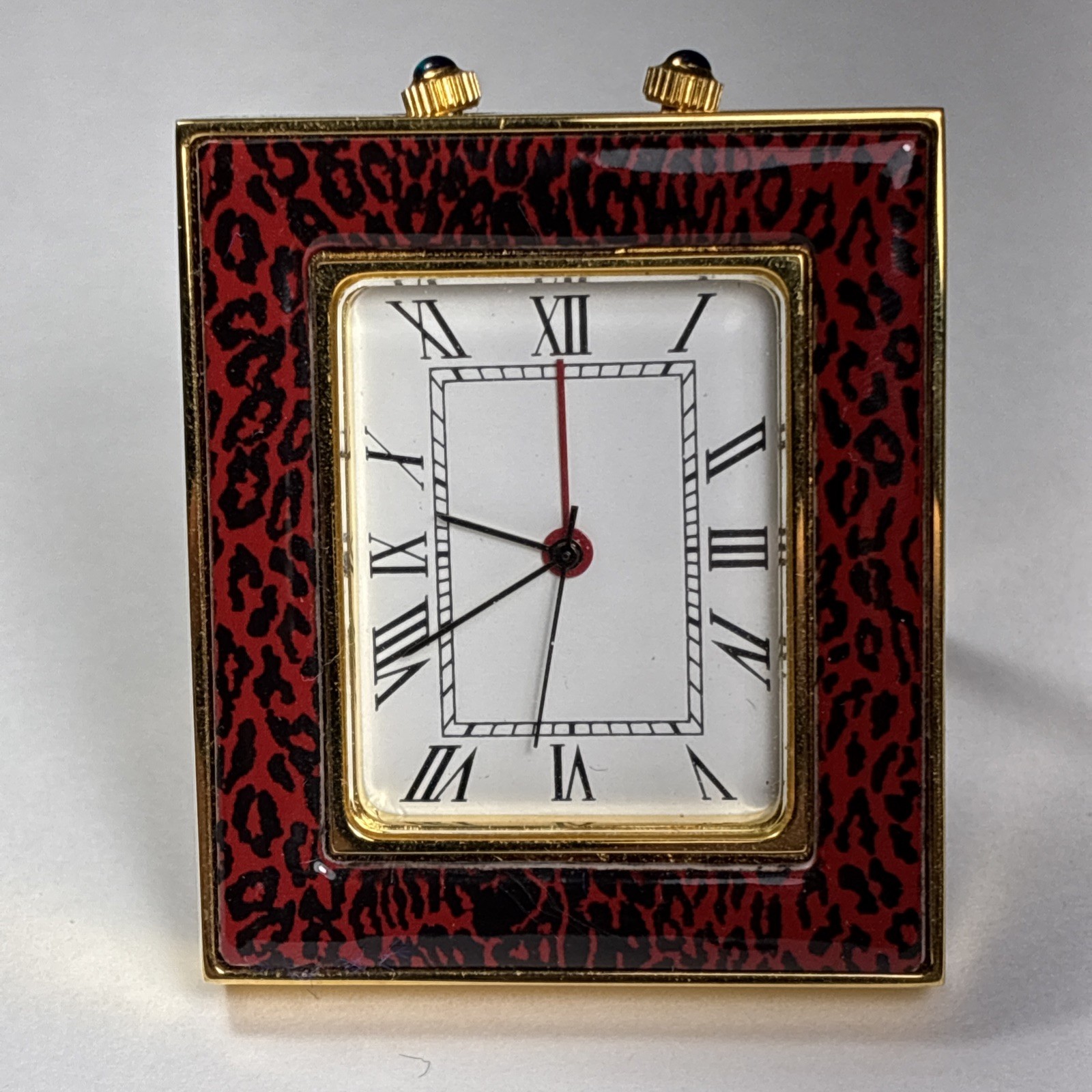 Halcyon Days Enamels Quartz Desk Alarm Clock; Red Leopard; Boxed; MINT; WORKING
