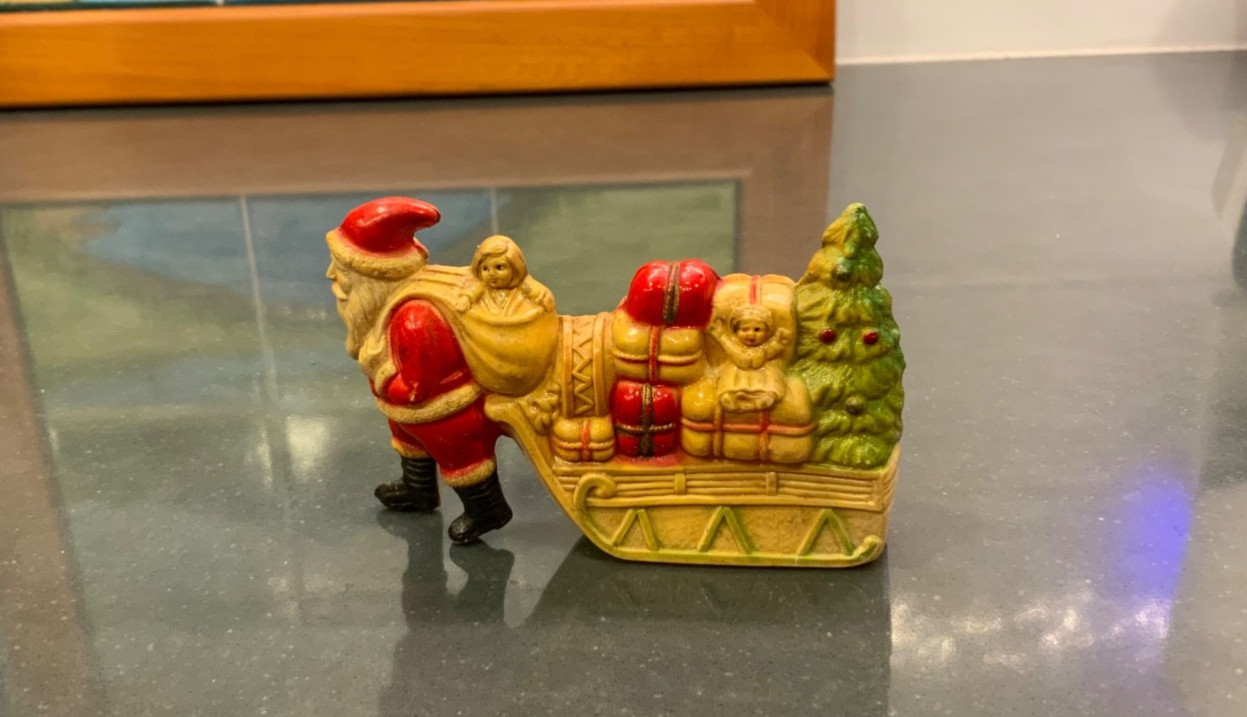 Vintage Celluloid Viscoloid Santa Claus Pulling Sleigh Christmas VGC Vintage Celluloid Viscoloid Santa Claus Pulling Sleigh Christmas VGC