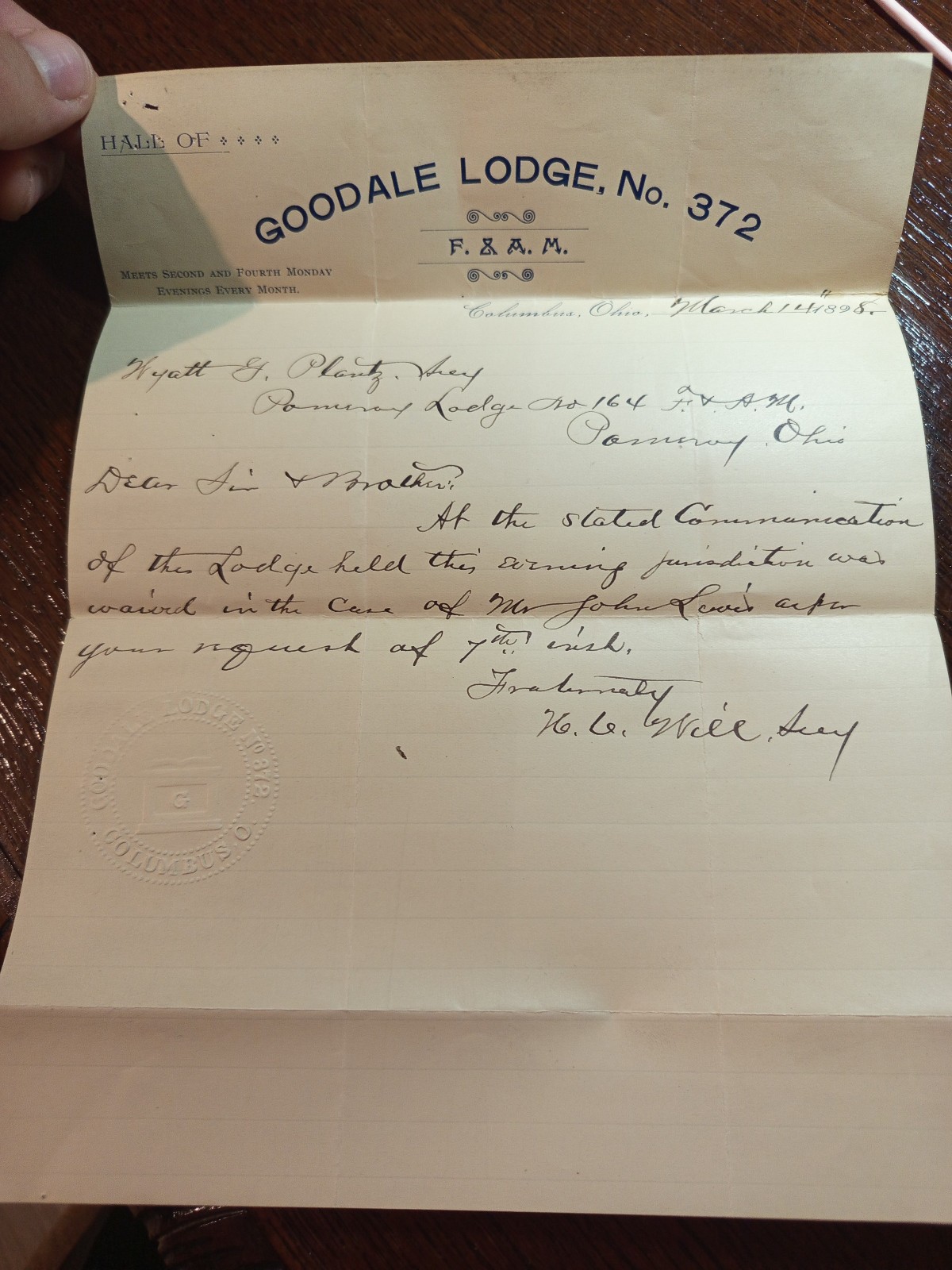 1898 Goodale Lodge No. 372 F. & A. M. Columbus Ohio  Freemasonry  masonic/926