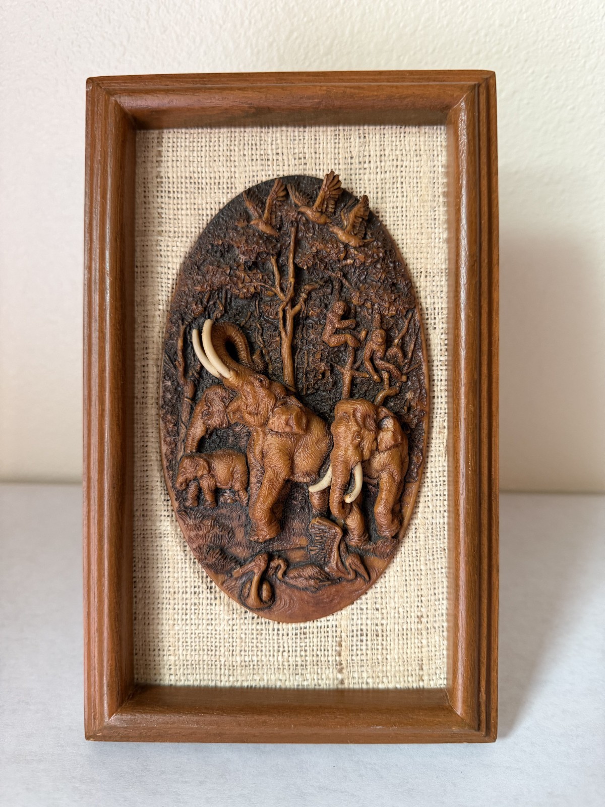 MCM Vintage Thai Miniature Elephant Carving on Jute in Teak Frame MCM Vintage Thai Miniature Elephant Carving on Jute in Teak Frame