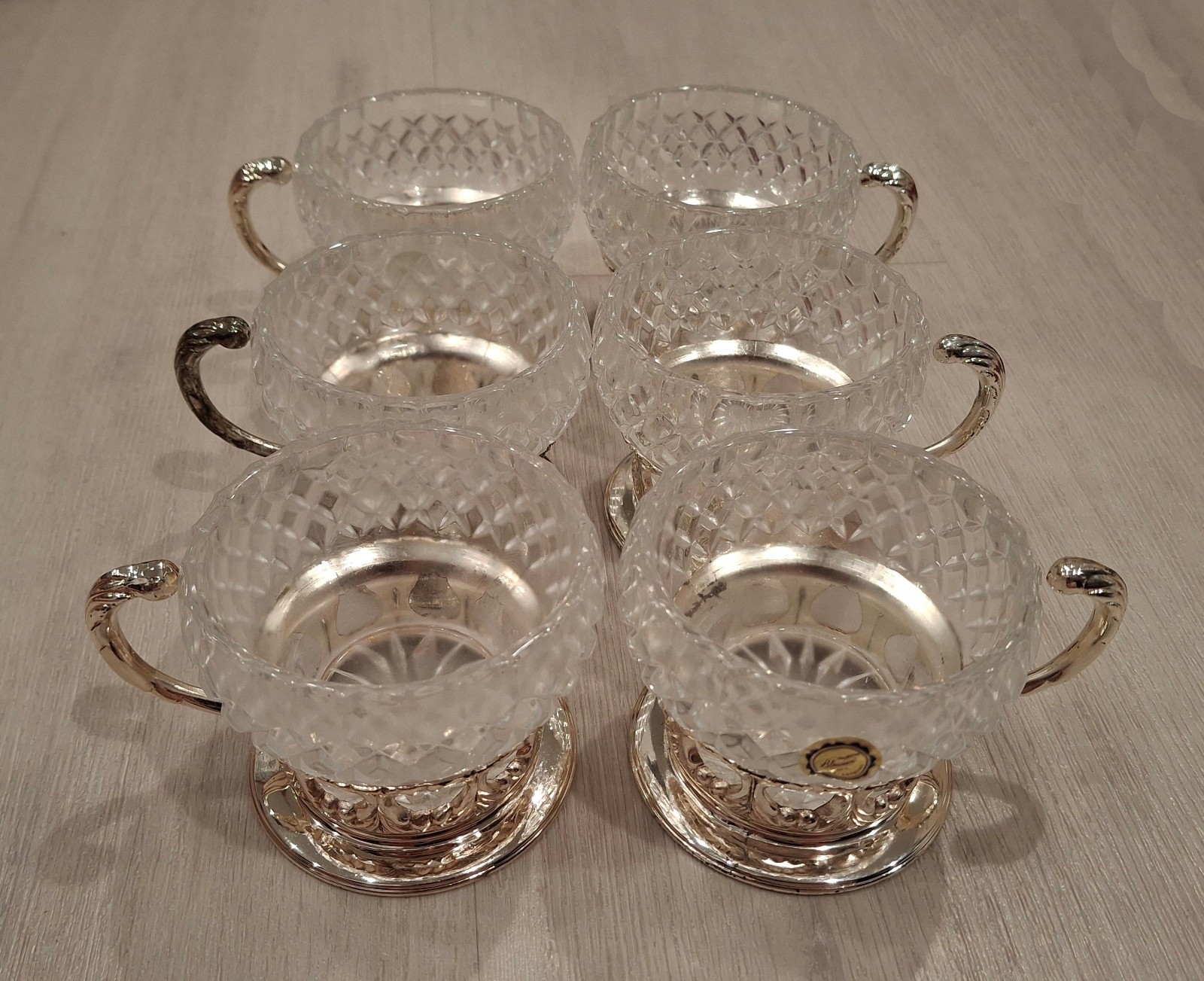 LOT OF (6) Vtg Hollywood Regency Diamond Cut Glass Cup Set ORNATE GOLD BASE +BOX