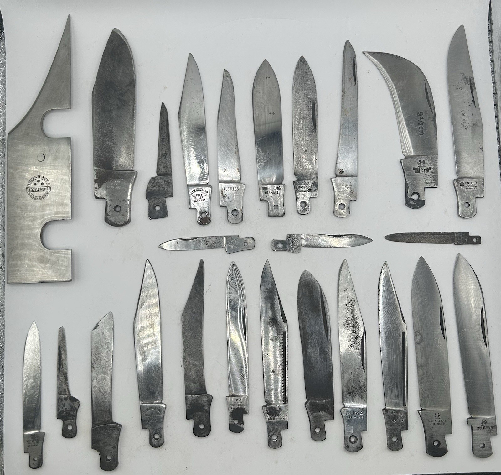 Lot 25 Vintage Solingen Knife Blades Blanks Puma Boker Eye Brand Fightn Rooster