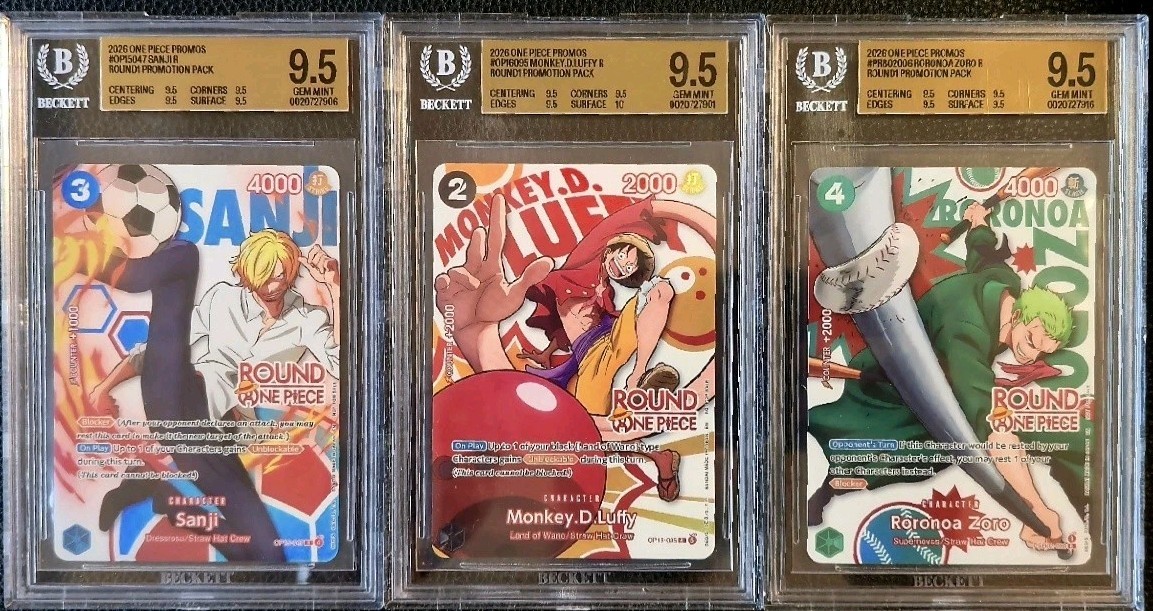 One piece card game Round One Luffy Zoro Sanji Bgs 9.5 One piece card game Round One Luffy Zoro Sanji Bgs 9.5