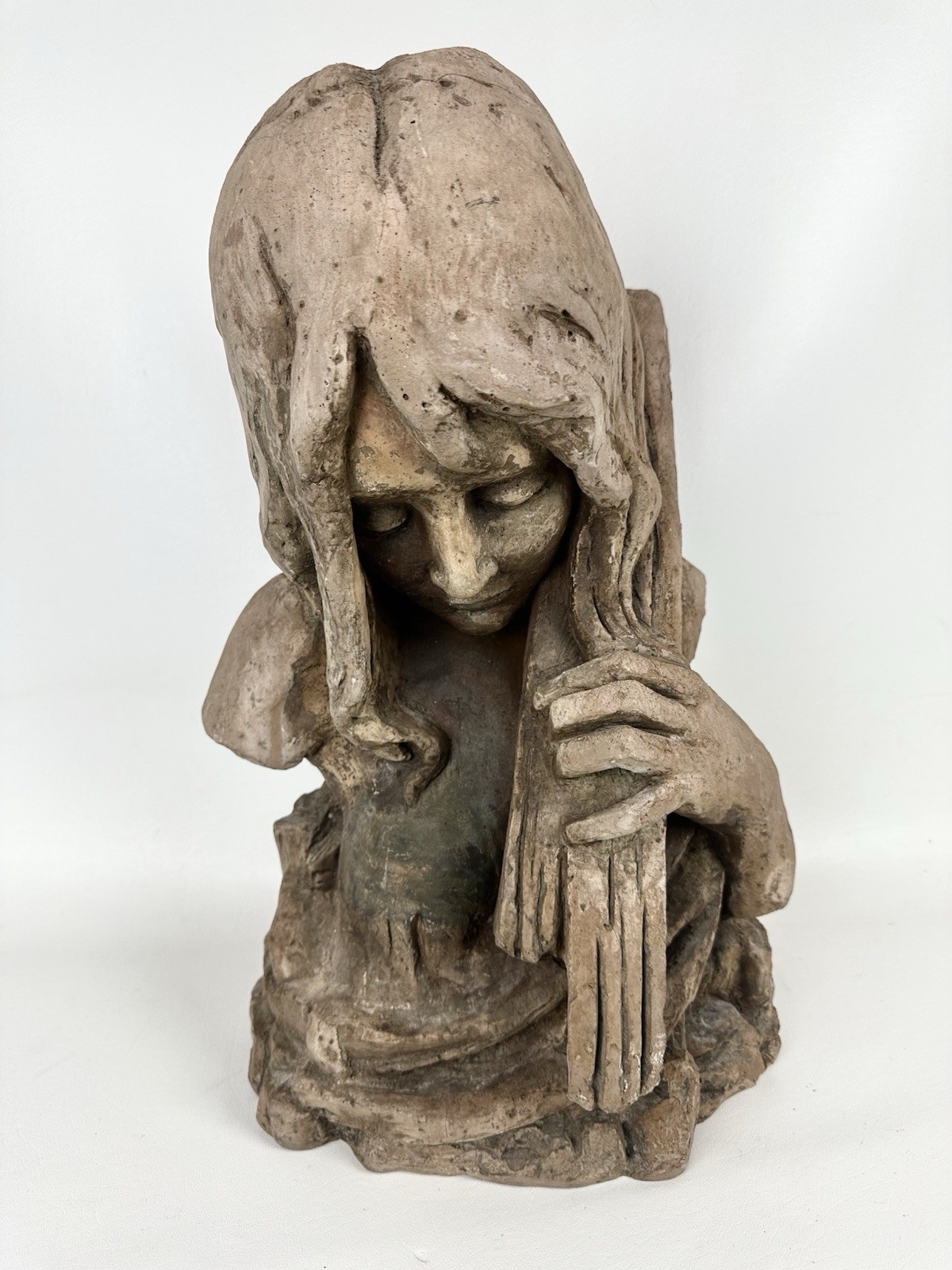 “Young Woman Playing An Instrument” Antique Terracotta Statue Bust Vintage “Young Woman Playing An Instrument” Antique Terracotta Statue Bust Vintage