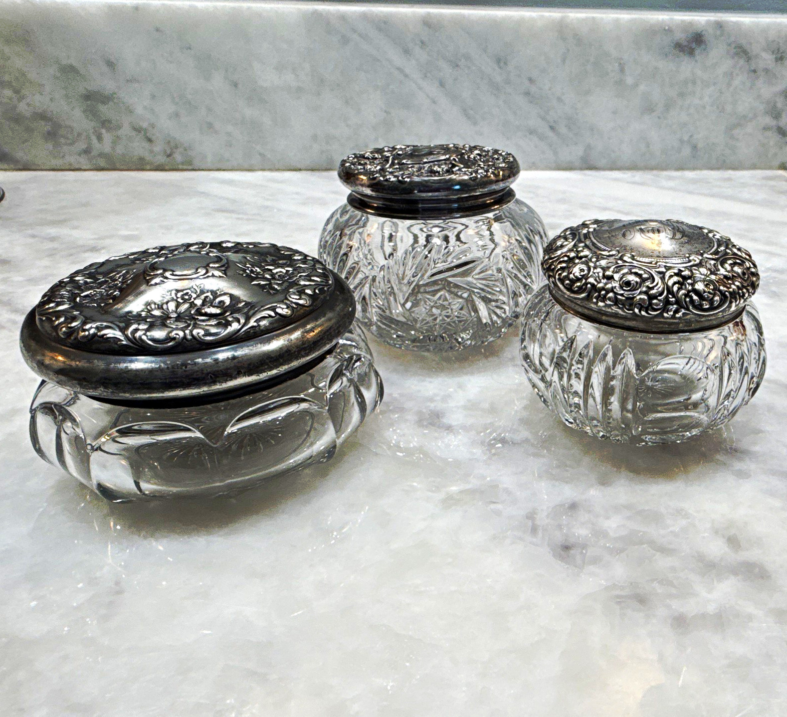 Vintage Small Glass Vanity Powder Jars w/ Ornate Metal Lids, Set of 3 Vintage Small Glass Vanity Powder Jars w/ Ornate Metal Lids, Set of 3
