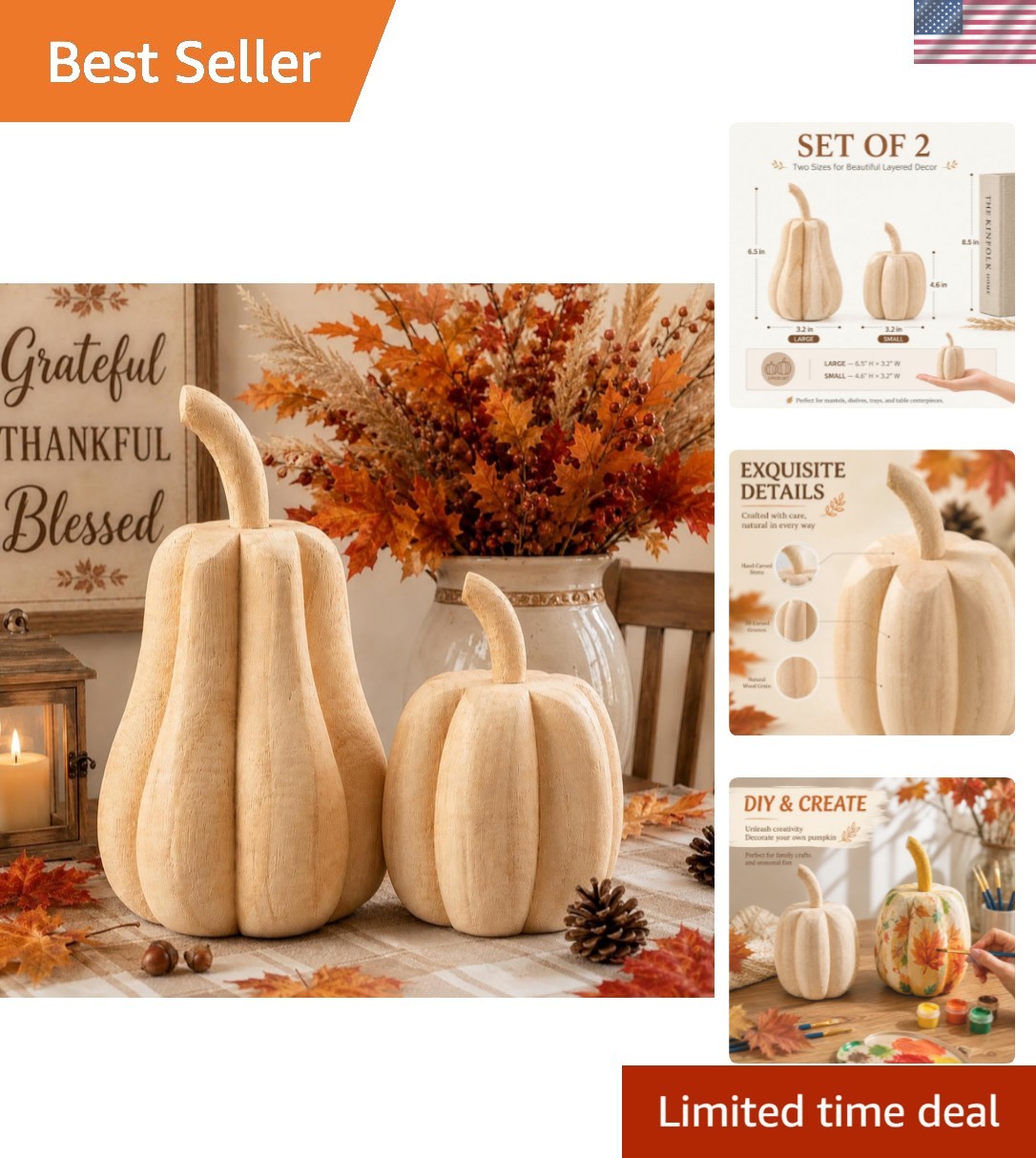 Elegant 3D Wooden Pumpkin Figurines - Hand-Carved Thanksgiving Centerpieces