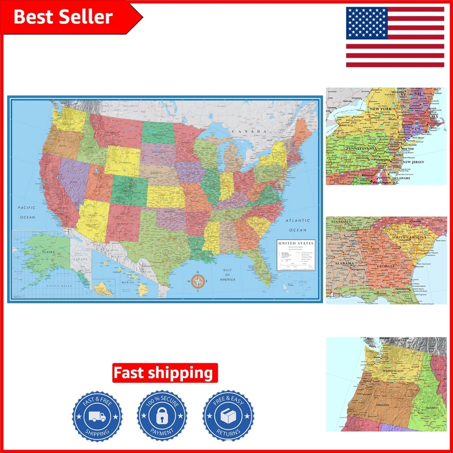 Laminated 48x78 Huge USA Political Wall Map - Durable Dry-Erase Surface