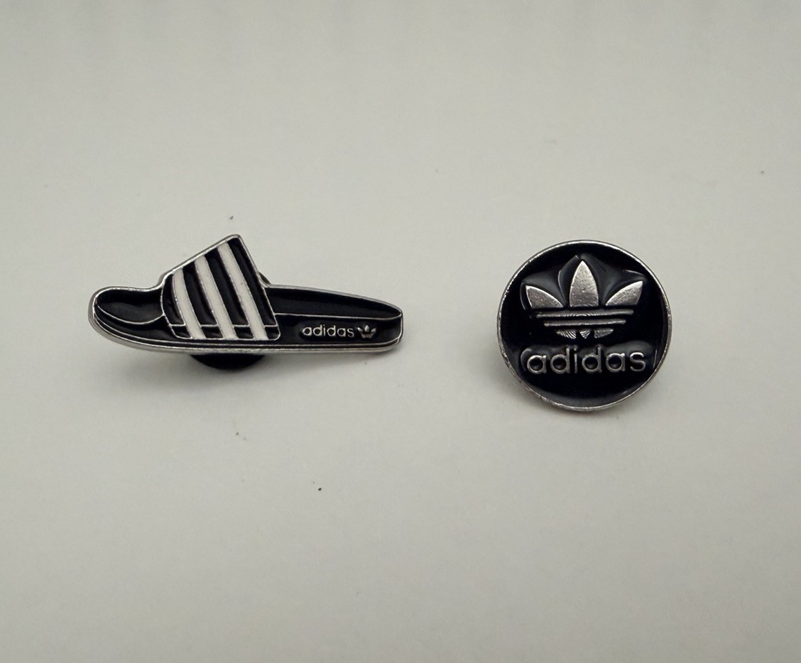 Adidas Slide and Trefoil Logo Enamel Pin Set Black Silver