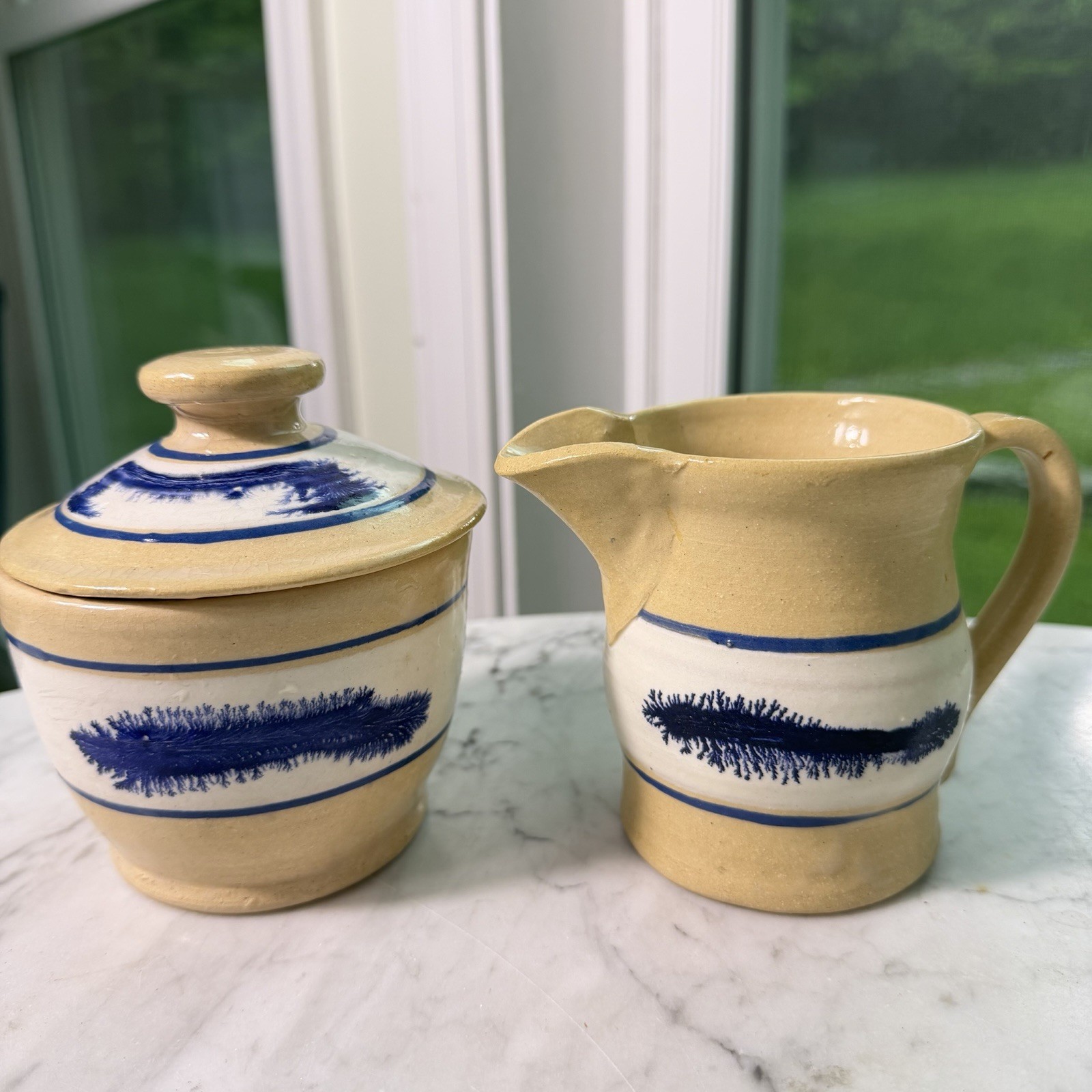 VTG 90s East Knoll Pottery Mochaware Sugar Bowl Creamer Set Seaweed Yellow Ware VTG 90s East Knoll Pottery Mochaware Sugar Bowl Creamer Set Seaweed Yellow Ware