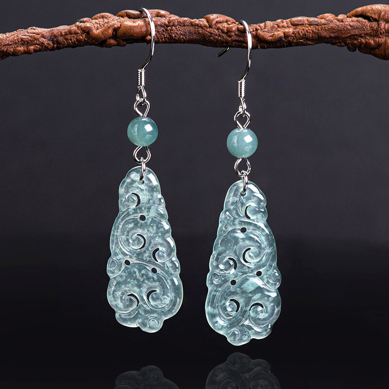Natural Grade A Jadeite Jade Ruyi S925 Silver Inlaid Jade Earrings Certificate Natural Grade A Jadeite Jade Ruyi S925 Silver Inlaid Jade Earrings Certificate