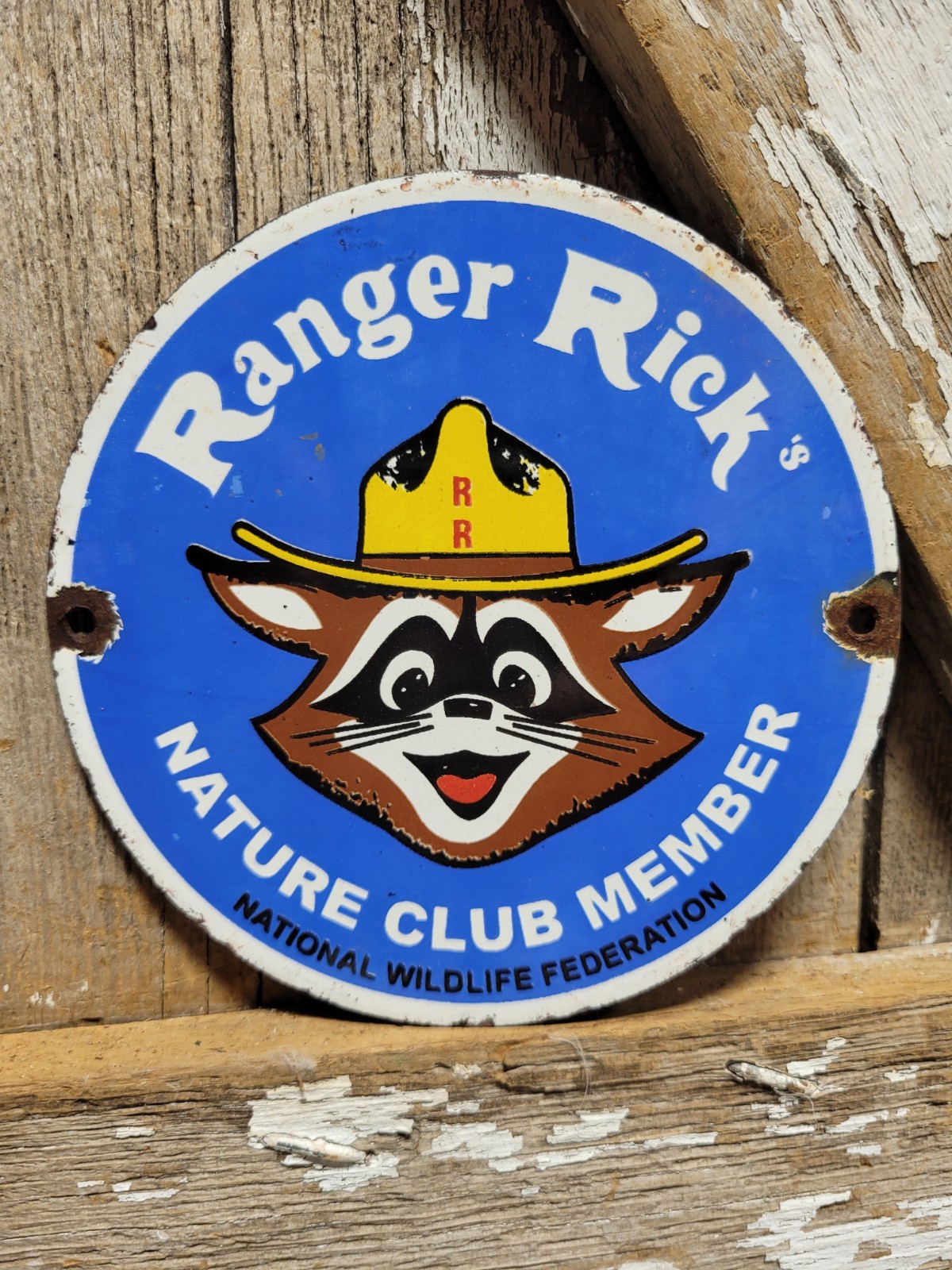 VINTAGE RANGER RICK PORCELAIN SIGN RARE OLD NATURE CLUB MEMBER SMOKEY PARK 6\
