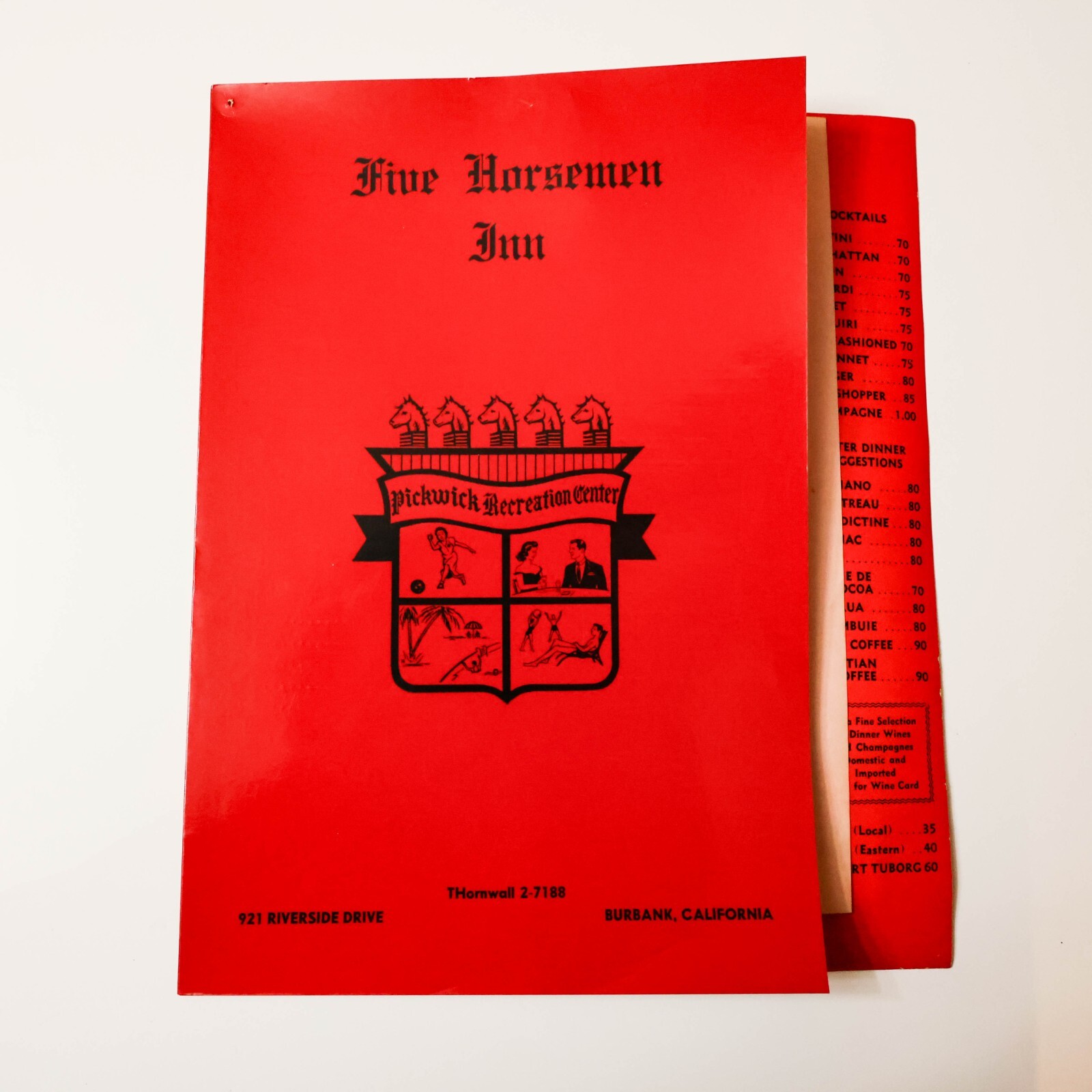 Vintage Pickwick Recreation Center Burbank CA Five Horsemen Restaurant Inn Menu
