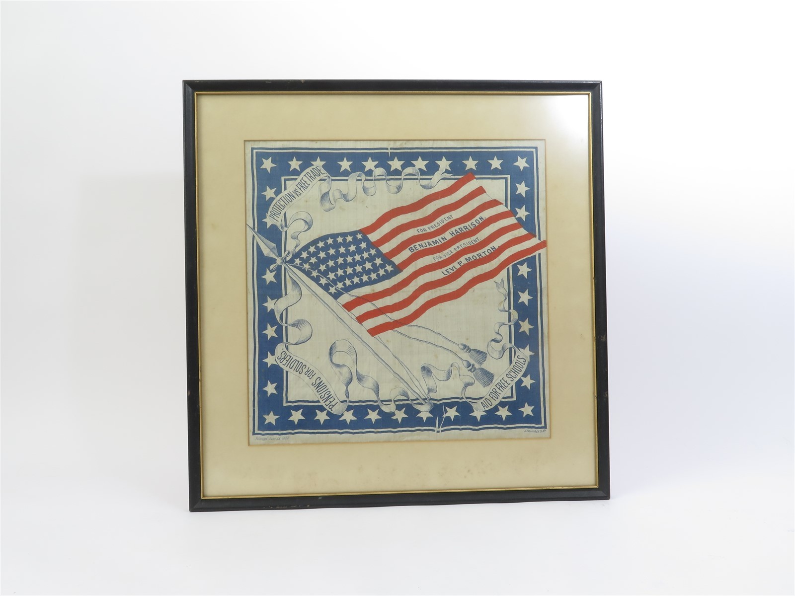 Framed 1888 Benjamin Harrison-Morton American Flag Silk Campaign Handkerchief Framed 1888 Benjamin Harrison-Morton American Flag Silk Campaign Handkerchief