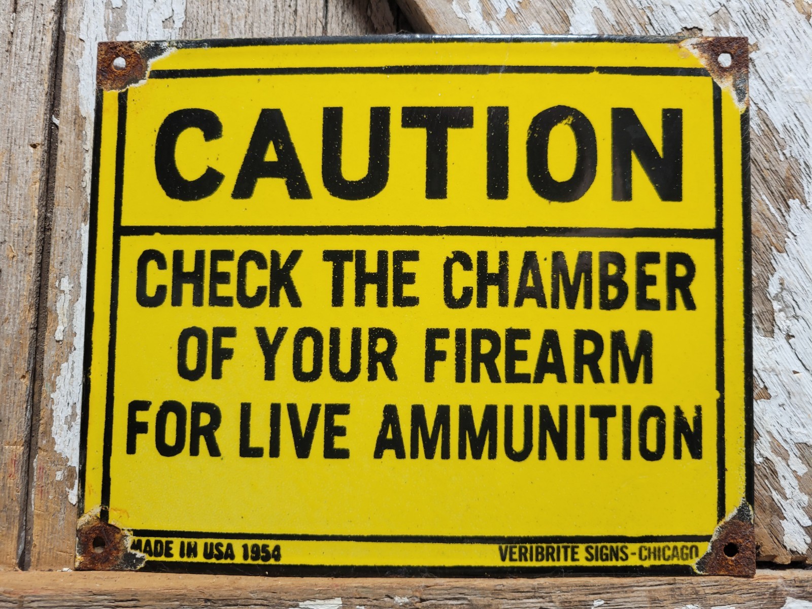 VINTAGE GUN PORCELAIN SIGN 1954 OLD CAUTION FIREARM AMMO SHOOTING RANGE