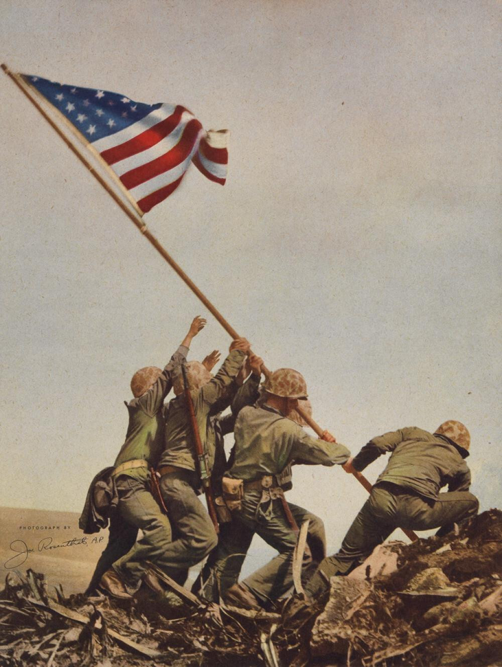 framed JOE ROSENTHAL Marines Raising the Flag on Iwo Jima tinted print c. 1946 framed JOE ROSENTHAL Marines Raising the Flag on Iwo Jima tinted print c. 1946