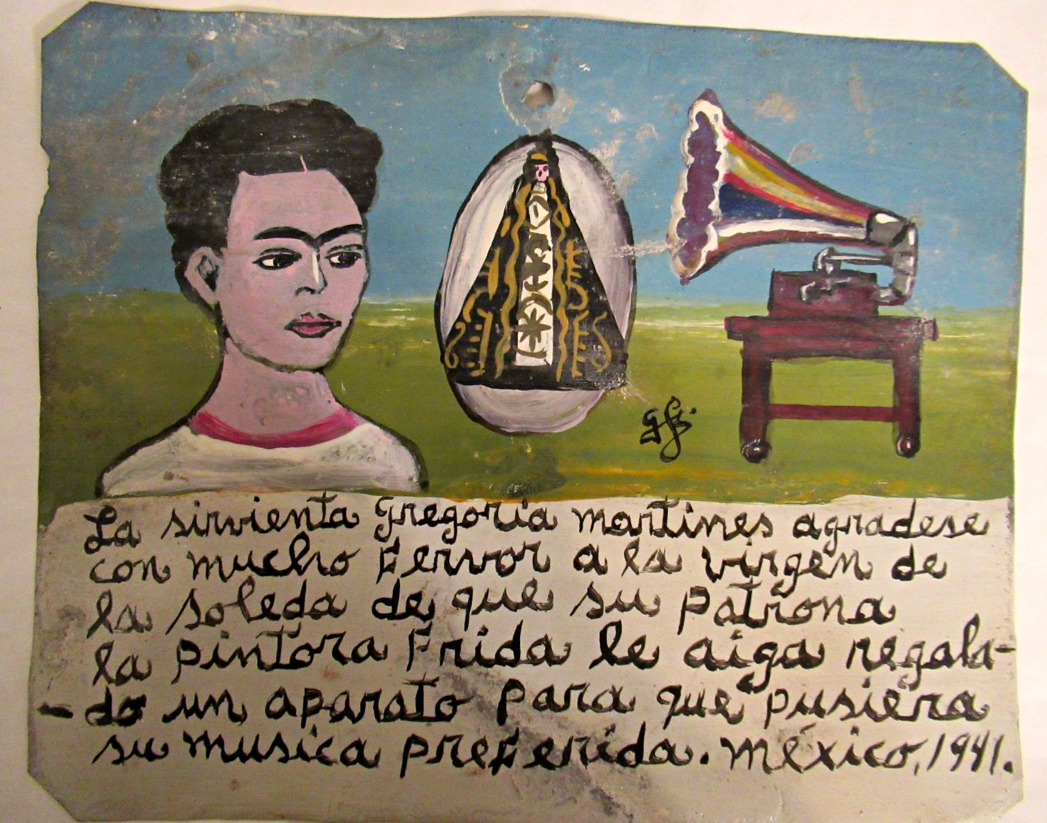 VTG 1941 HP MEXICAN TIN RETABLO VIRGEN SOLEDAD/ FRIDA KAHLO; GIFT of GRAMOPHONE