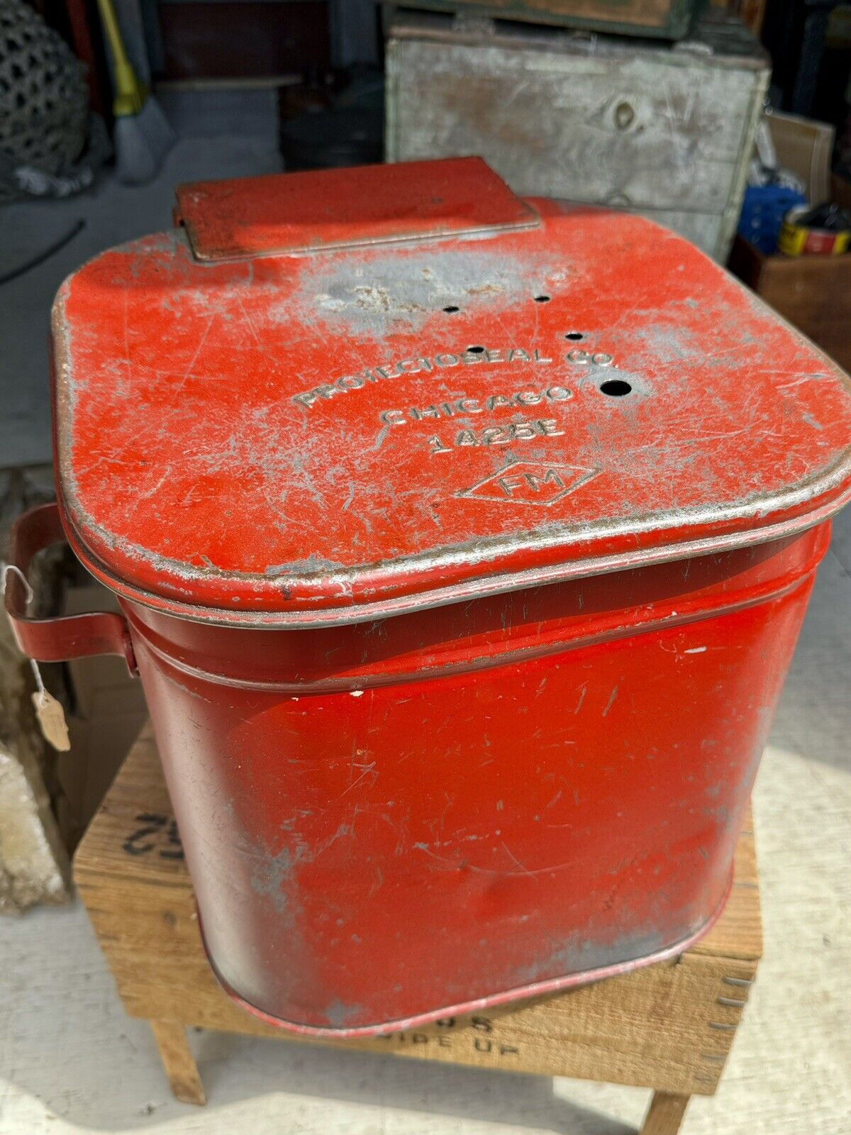 Vintage Protectoseal Co Chicago Red Steel Waste Rag Trash Garbage Can Box