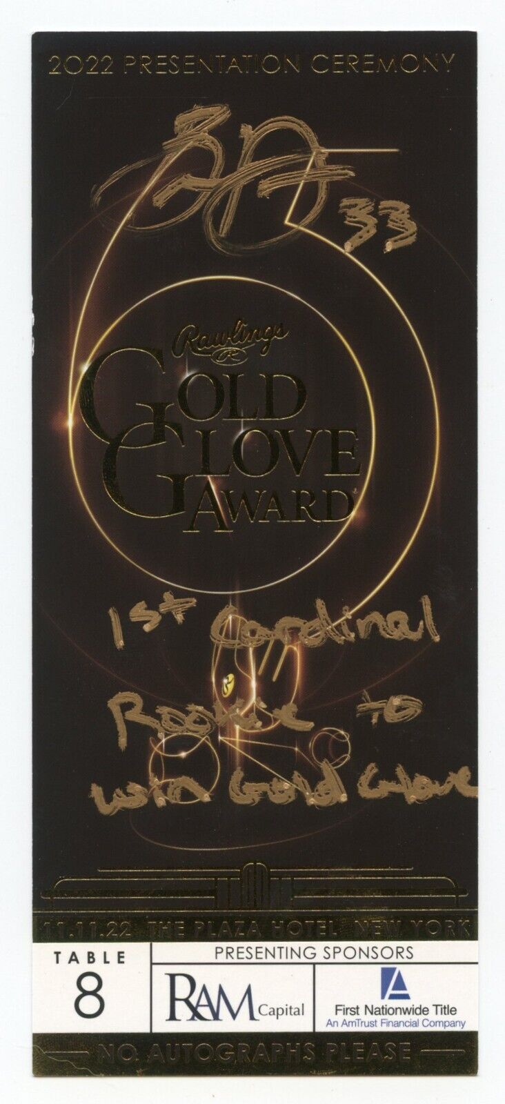 Brendan Donovan Autographed Signed Auto 2022 Gold Glove Ceremony Ticket