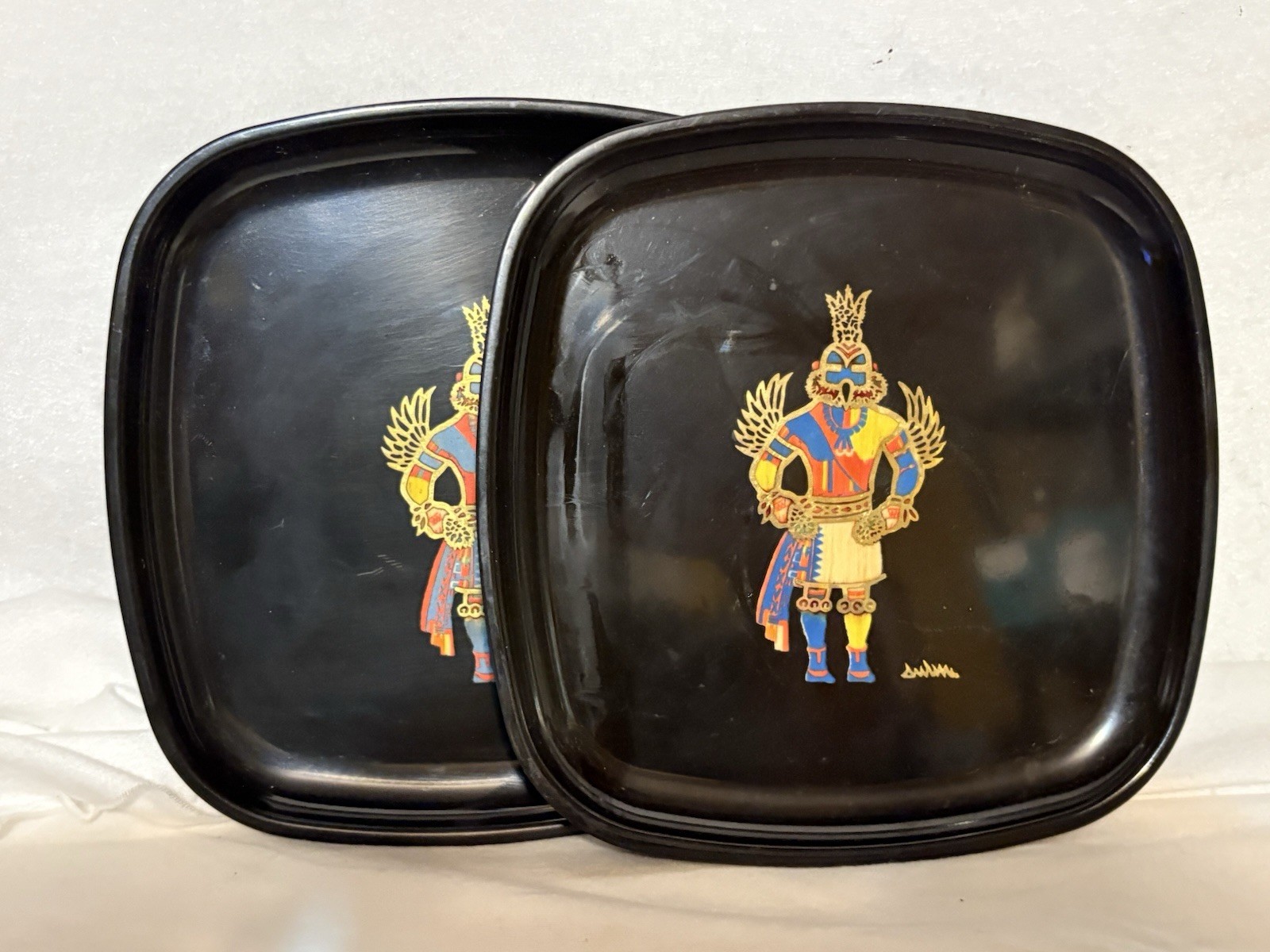 VTG Couroc of Monterey Inlaid Hopi Hummingbird Kachina Square Trays Set of 2