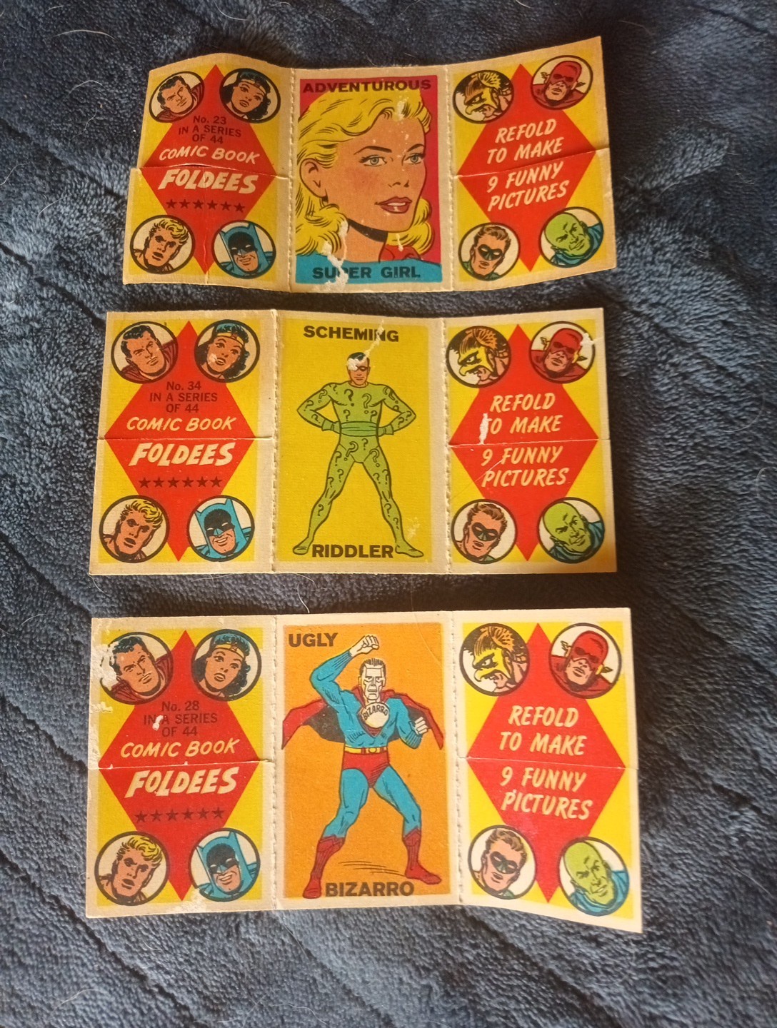 Vtg 1966 Topps DC Comics Supergirl Bizarro Riddler Foldees Card Lot Set 3 Parts Vtg 1966 Topps DC Comics Supergirl Bizarro Riddler Foldees Card Lot Set 3 Parts