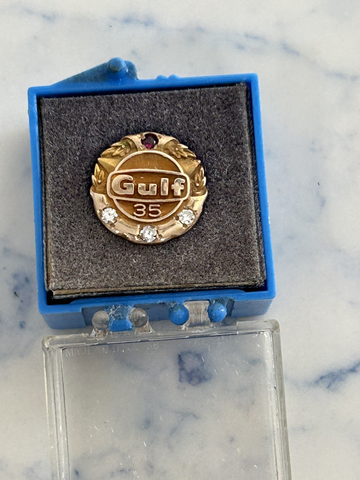 Vintage Original 10K Gold Diamond Ruby Gulf 35 Year Service Pin and gold chain Vintage Original 10K Gold Diamond Ruby Gulf 35 Year Service Pin and gold chain