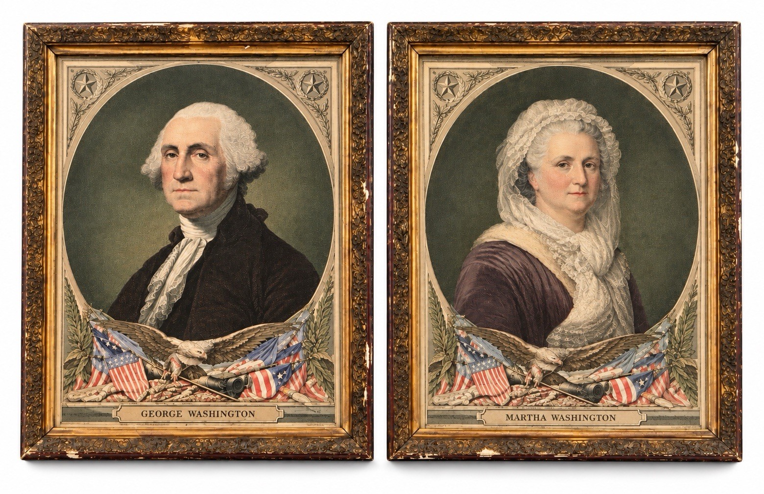 George & Martha Washington Framed Portrait Prints Pair 11.5x15.5 Vintage