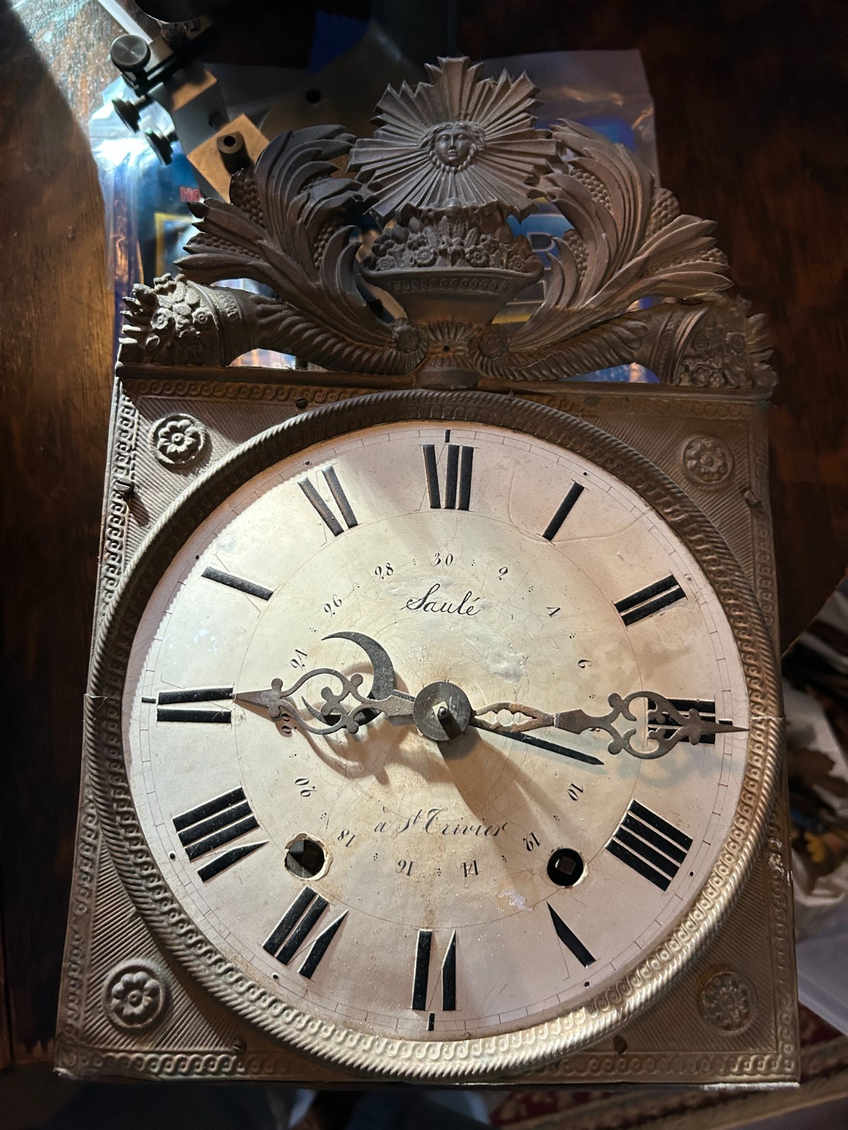 Vintage 1800s “Saulce / a St‑Étienne” time date wall clock for parts or repair 