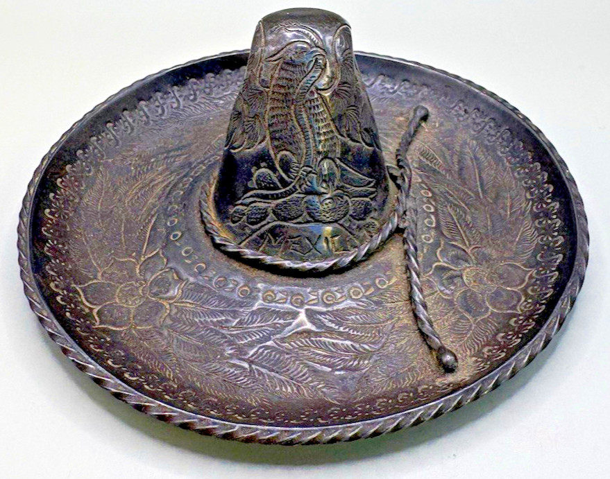 Vintage Mexico 900 Silver Miniature Sombrero 4” Hand Engraved Floral Decor Vintage Mexico 900 Silver Miniature Sombrero 4” Hand Engraved Floral Decor
