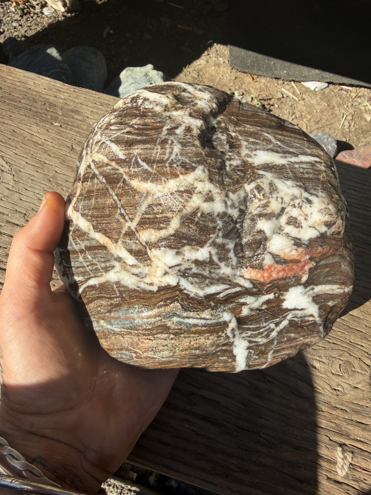 Large 6” Banded River Rock White Quartz-Like Veins South Fork Trinity CA Large 6” Banded River Rock White Quartz-Like Veins South Fork Trinity CA