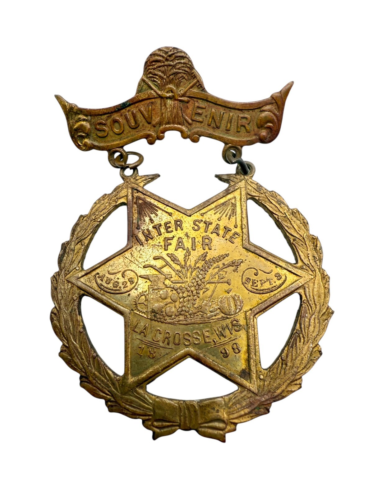 Antique 1898 La Crosse Wisconsin Inter State Fair Souvenir Pin Medal Antique 1898 La Crosse Wisconsin Inter State Fair Souvenir Pin Medal