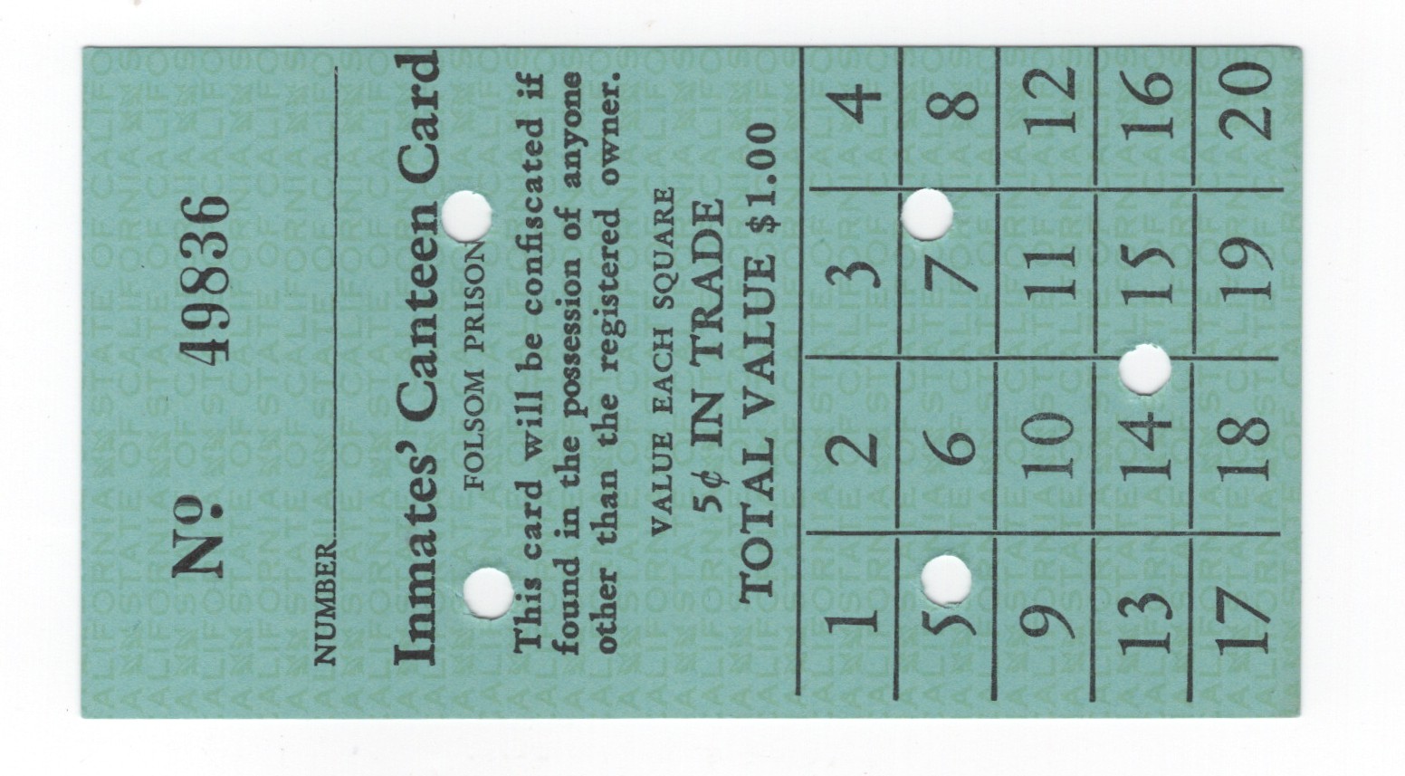 Folsom Prison Inmates Canteen Card California Rare Ticket Stub