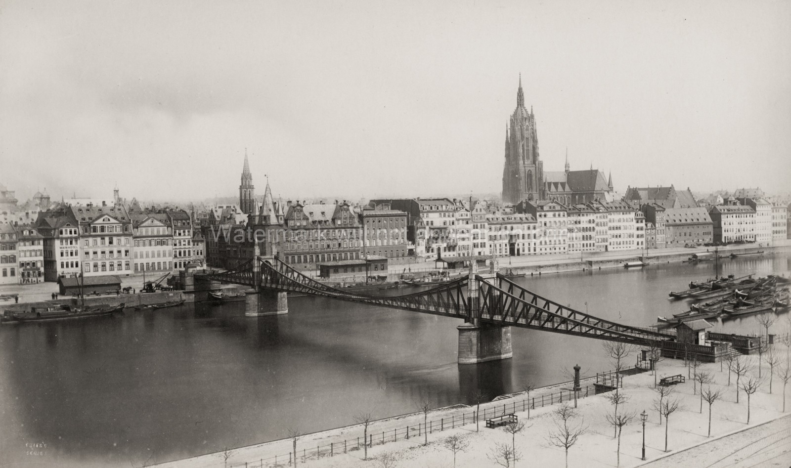 Frankfurt Germany River Main Cityscape Eiserner Steg Bridge Vtg. Photo 19thC.