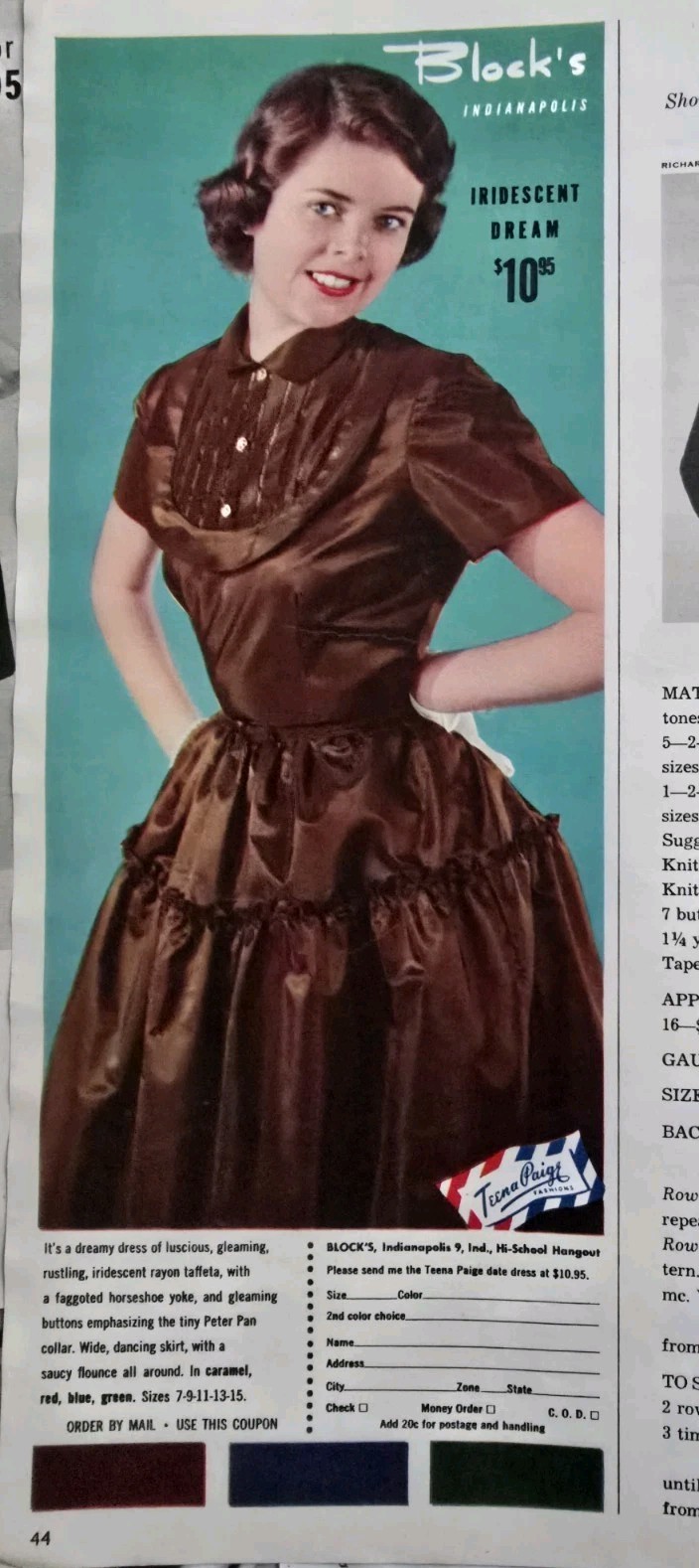 1950 Women\'s Teena Paige Dress  Block\'s Indianapolis fashion Vintage Ad 