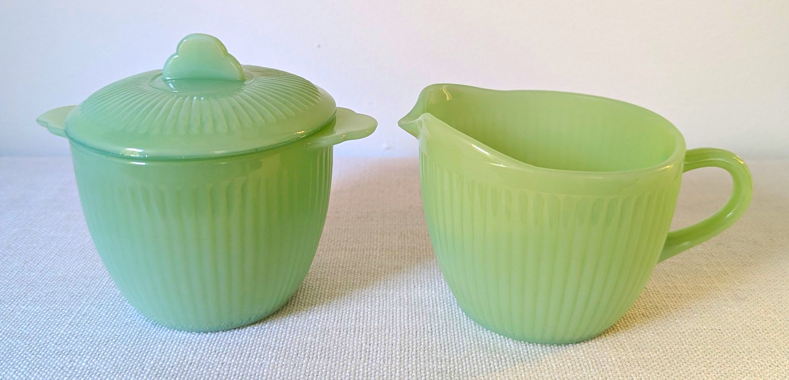 Vtg Fire King Jadeite Jane Ray Creamer And Lidded Sugar Bowl Set