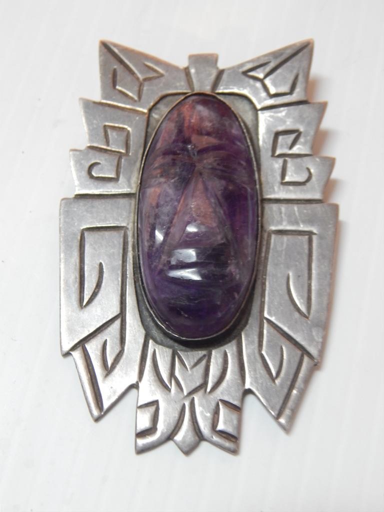 XLRG VINTAGE MEXICAN STERLING SILVER AMETHYST DECO ERA MAYAN MASK BROOCH / PIN