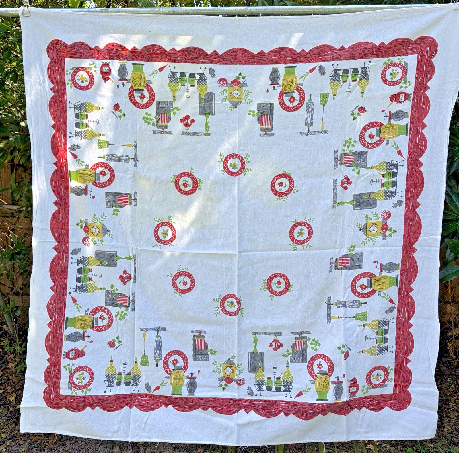 Vintage 1950s Tablecloth 45x45 Mid Century Kitchen Print Red Retro MCM
