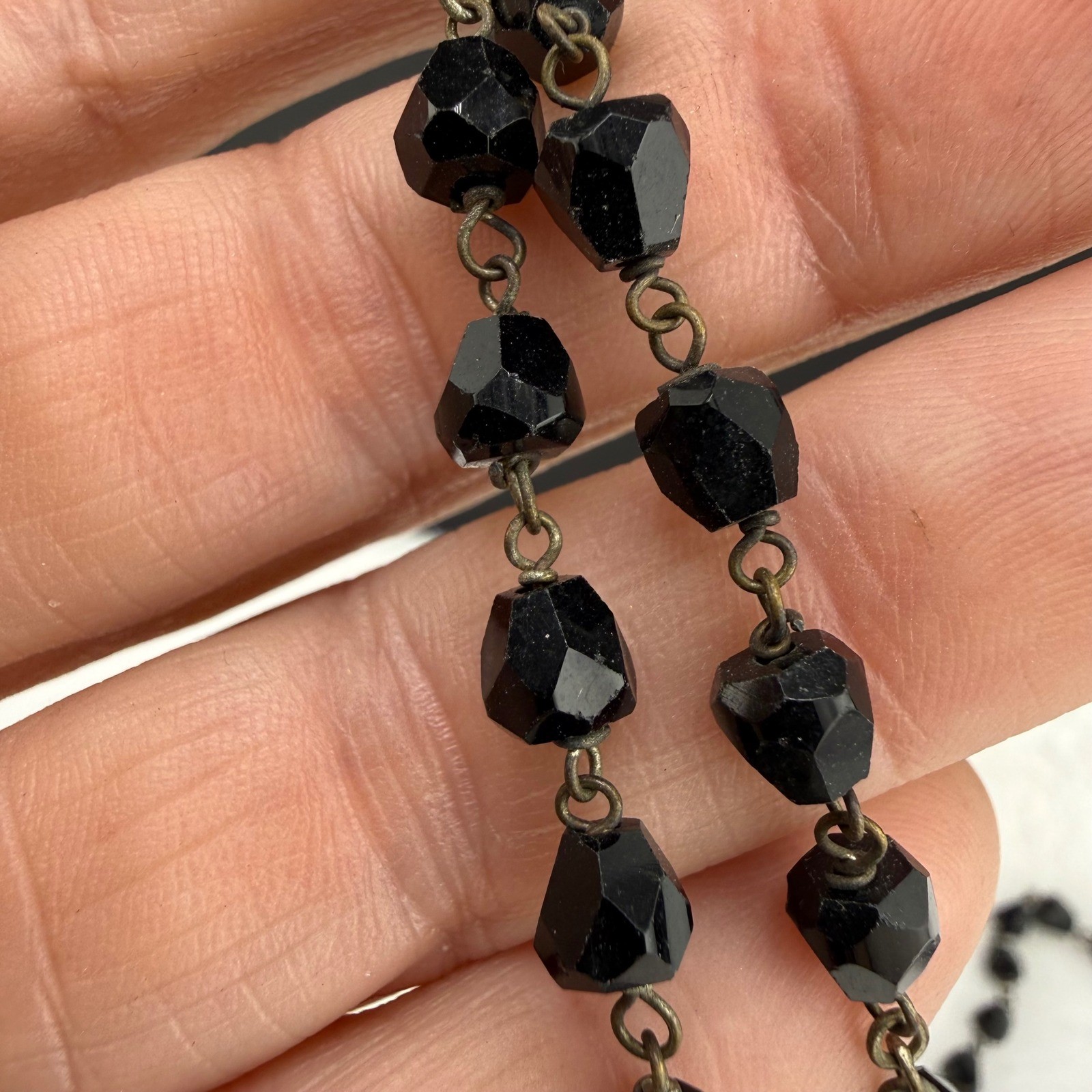 Vintage Estate Rosary Necklace Black Faceted Glass Beads Miraculous Medal 22\