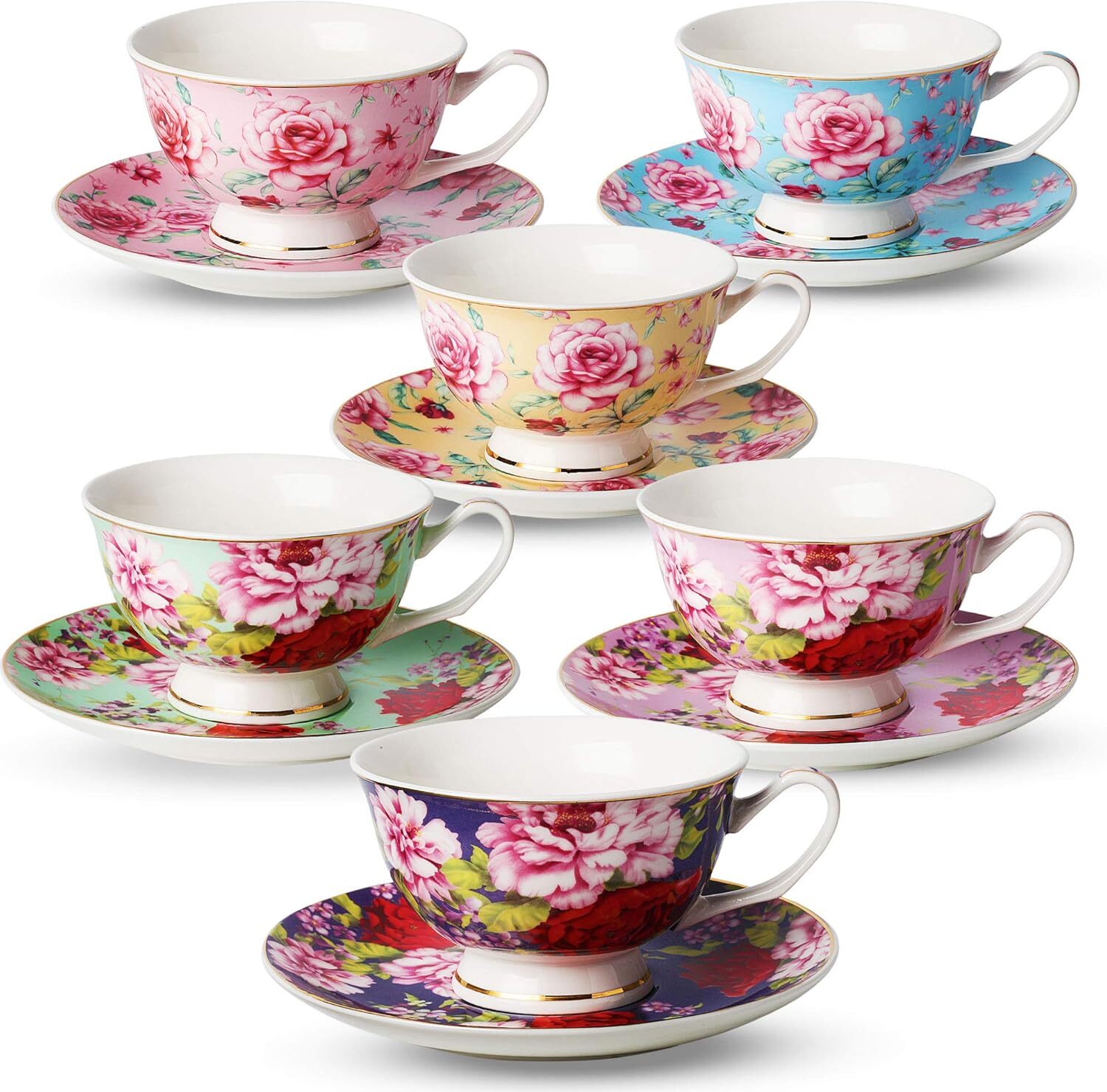 Cups and Saucers Set of 6, Floral (8oz) Porcelain Cups for Tea Party, Rose Cups and Saucers Set of 6, Floral (8oz) Porcelain Cups for Tea Party, Rose