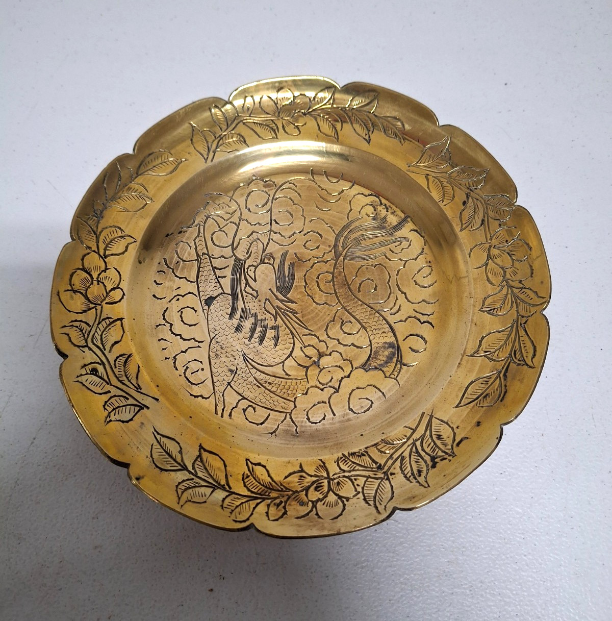 Vintage Antique Solid Brass Decorative Plate Dragon & Flowers Etched Vintage Antique Solid Brass Decorative Plate Dragon & Flowers Etched