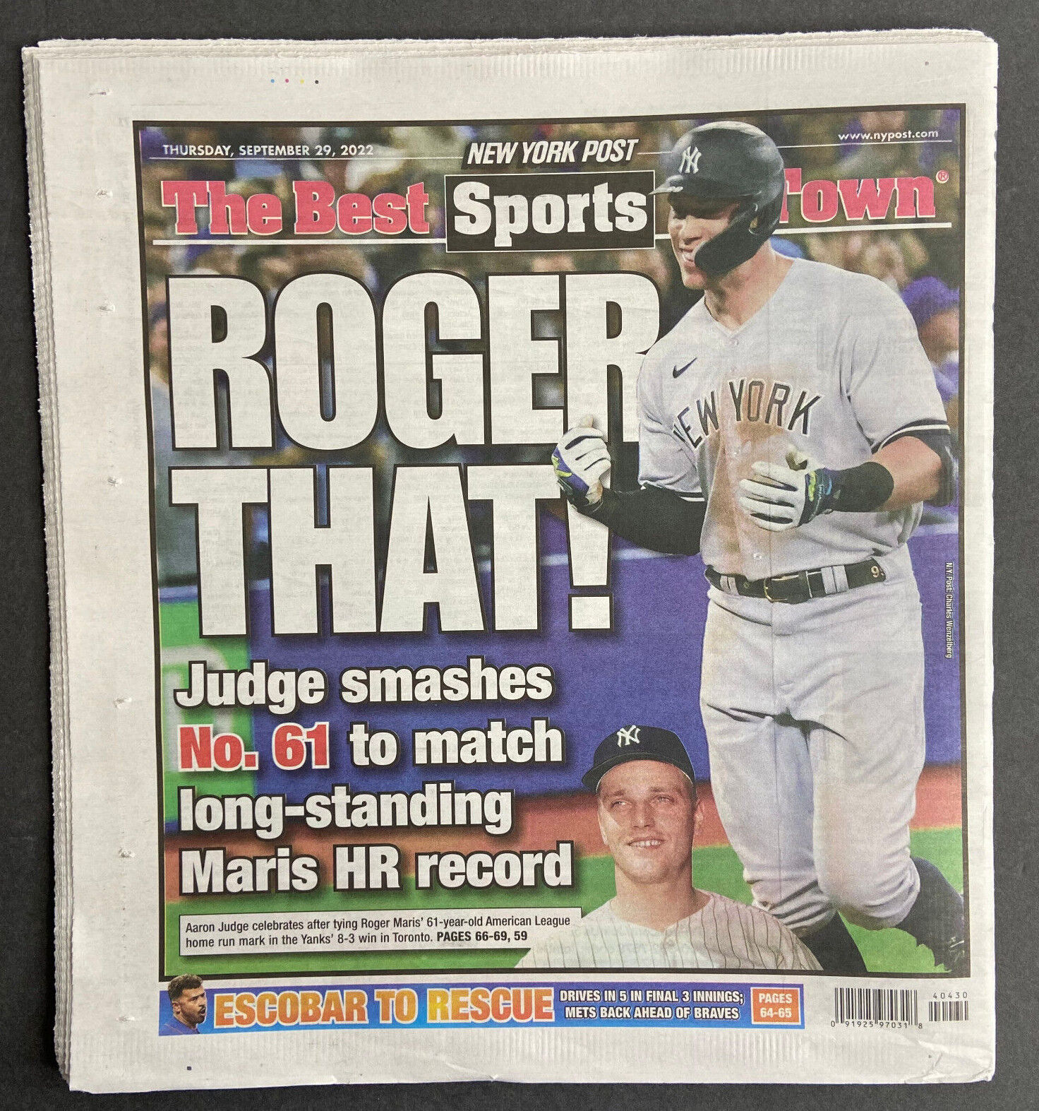 Aaron Judge 61 home run record Roger Maris New York Post newspaper 9/29 2022