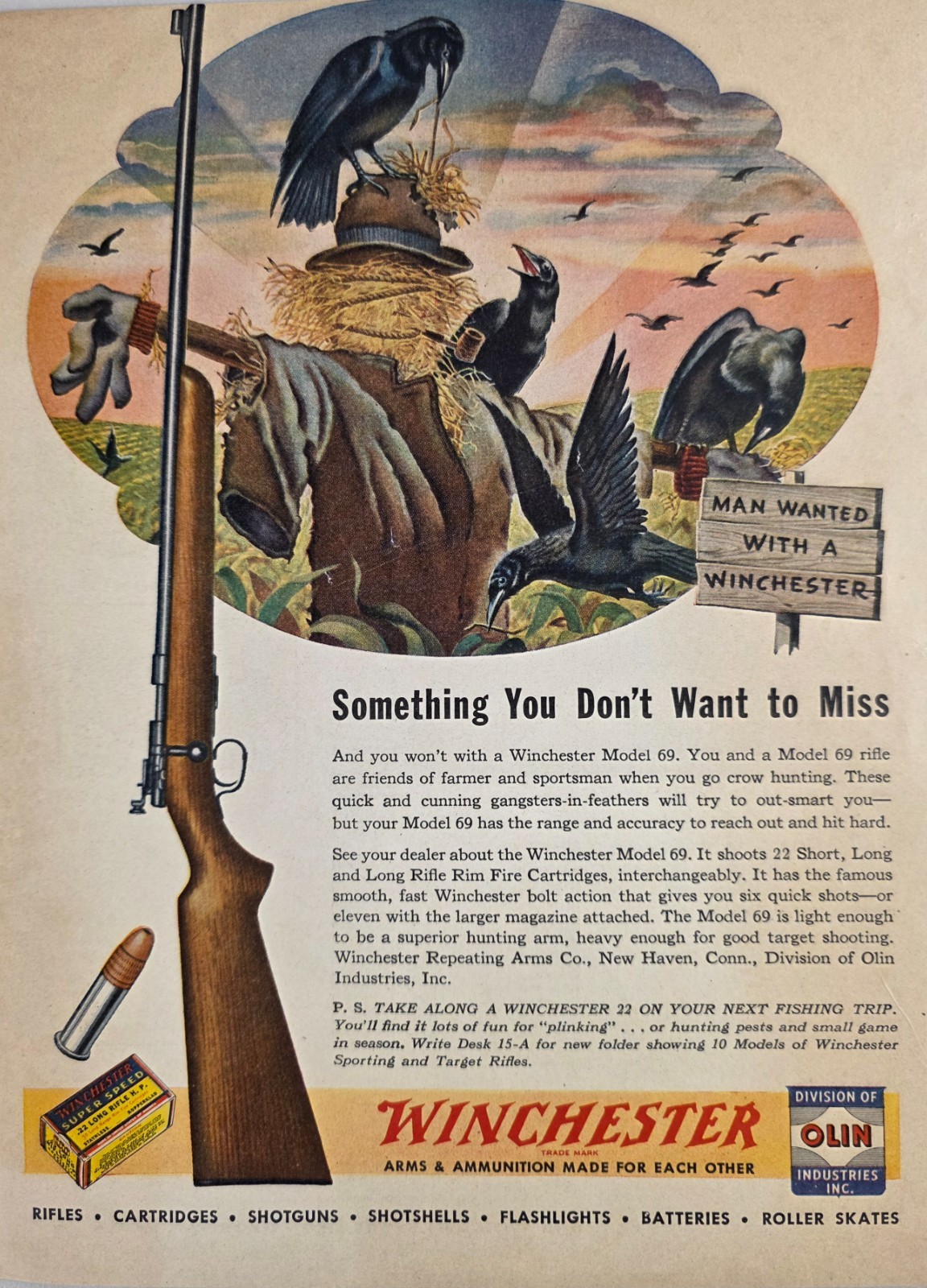 1947 Print Ad Winchester Model 69 Bolt Action .22 Rifles Scarecrow & Crows 1947 Print Ad Winchester Model 69 Bolt Action .22 Rifles Scarecrow & Crows
