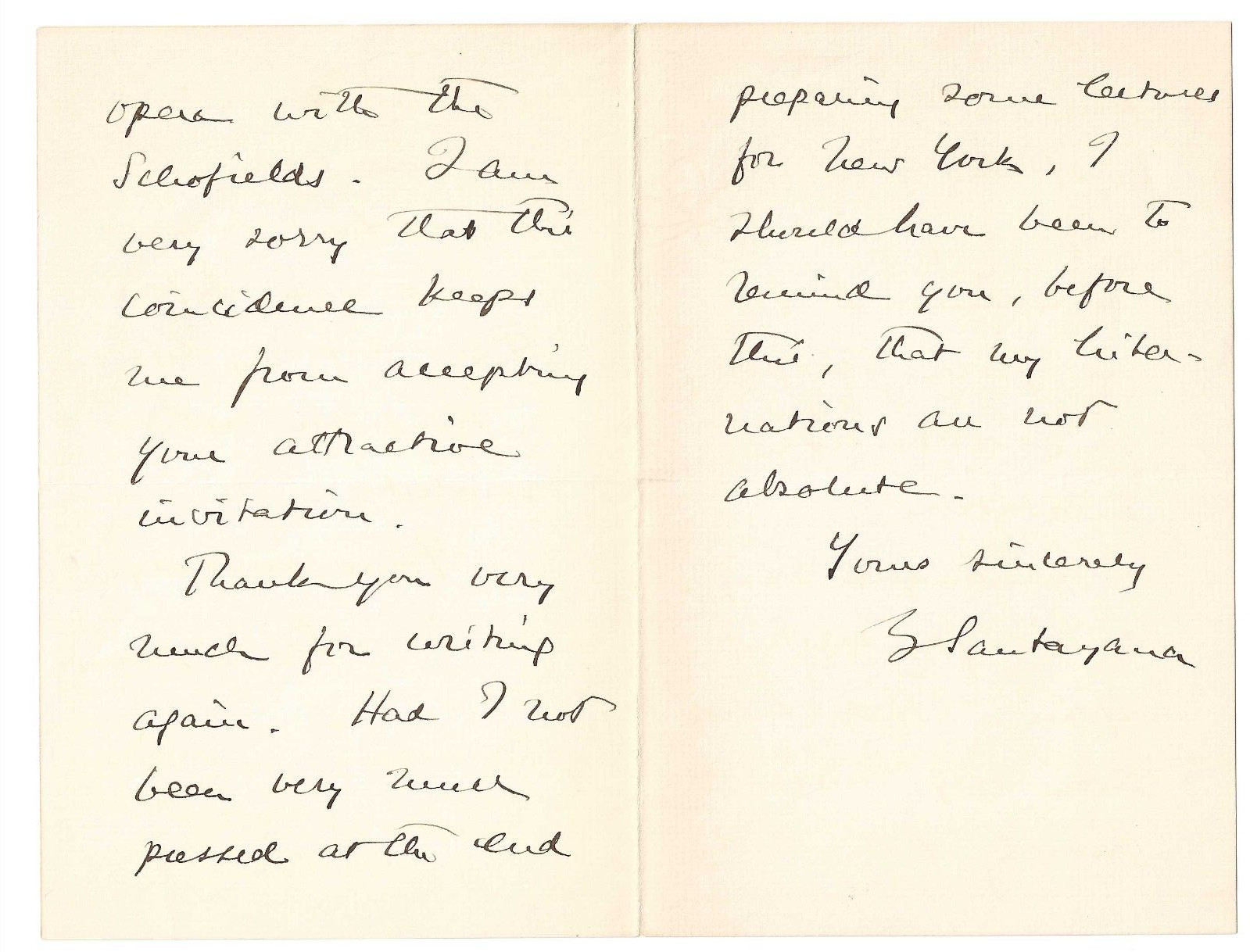 C1910 GEORGE SANTAYANA handwritten & signed letter Prescott Hall Cambridge