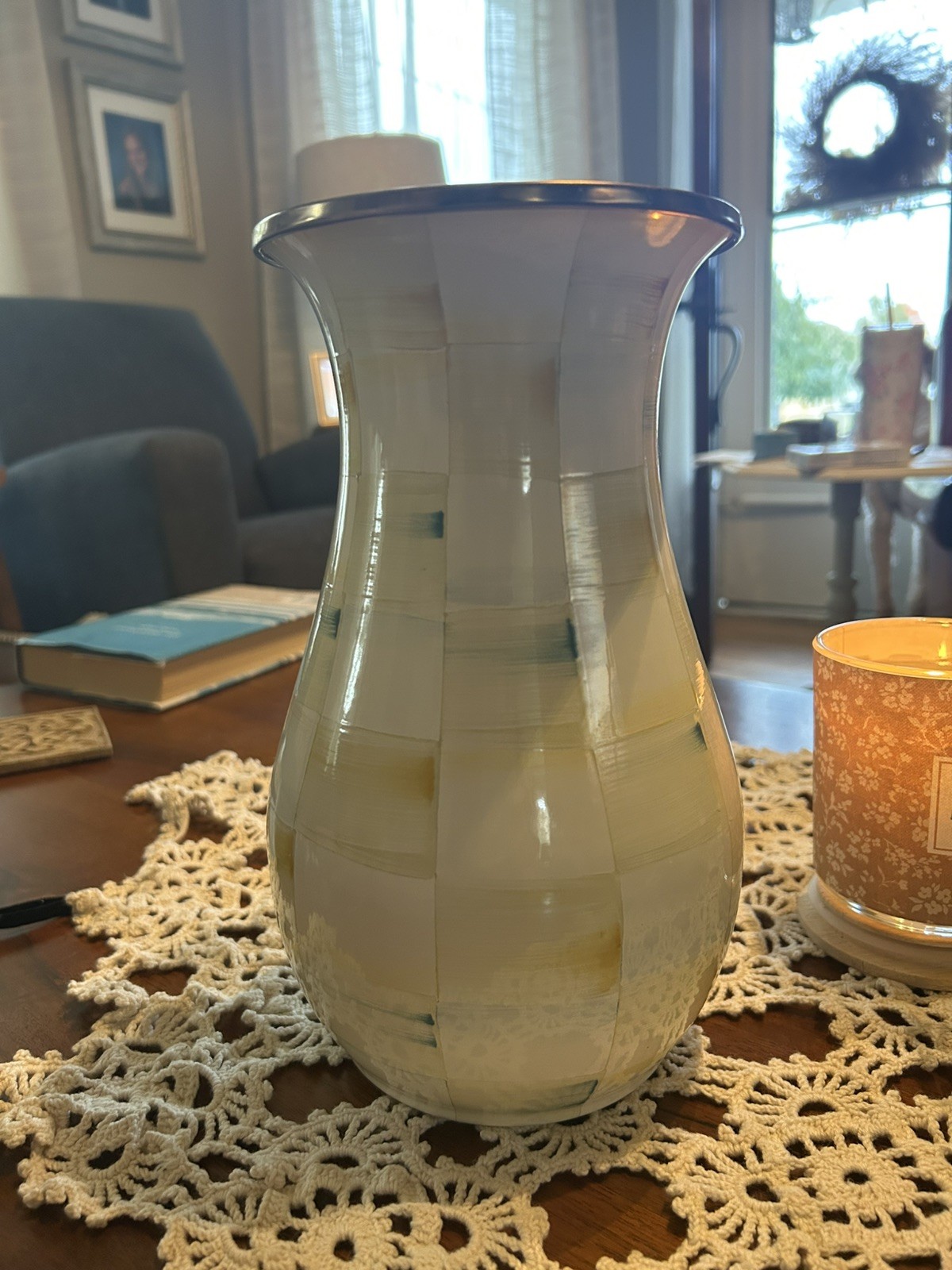 MacKenzie Childs Parchment Check Tall Enamel Vase 10 MacKenzie Childs Parchment Check Tall Enamel Vase 10