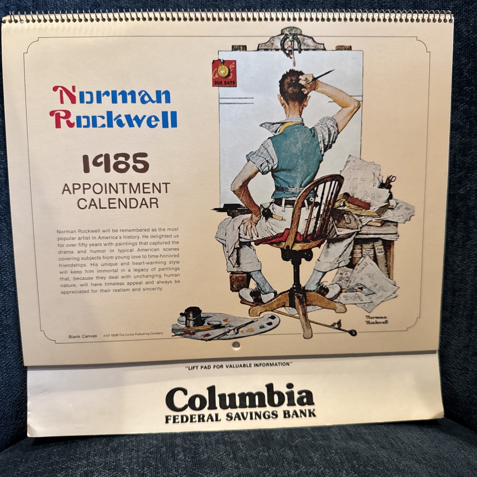 1985 NORMAN ROCKWELL spiral wall calendar NEW and Unused Columbia Fed Sav Bank 1985 NORMAN ROCKWELL spiral wall calendar NEW and Unused Columbia Fed Sav Bank