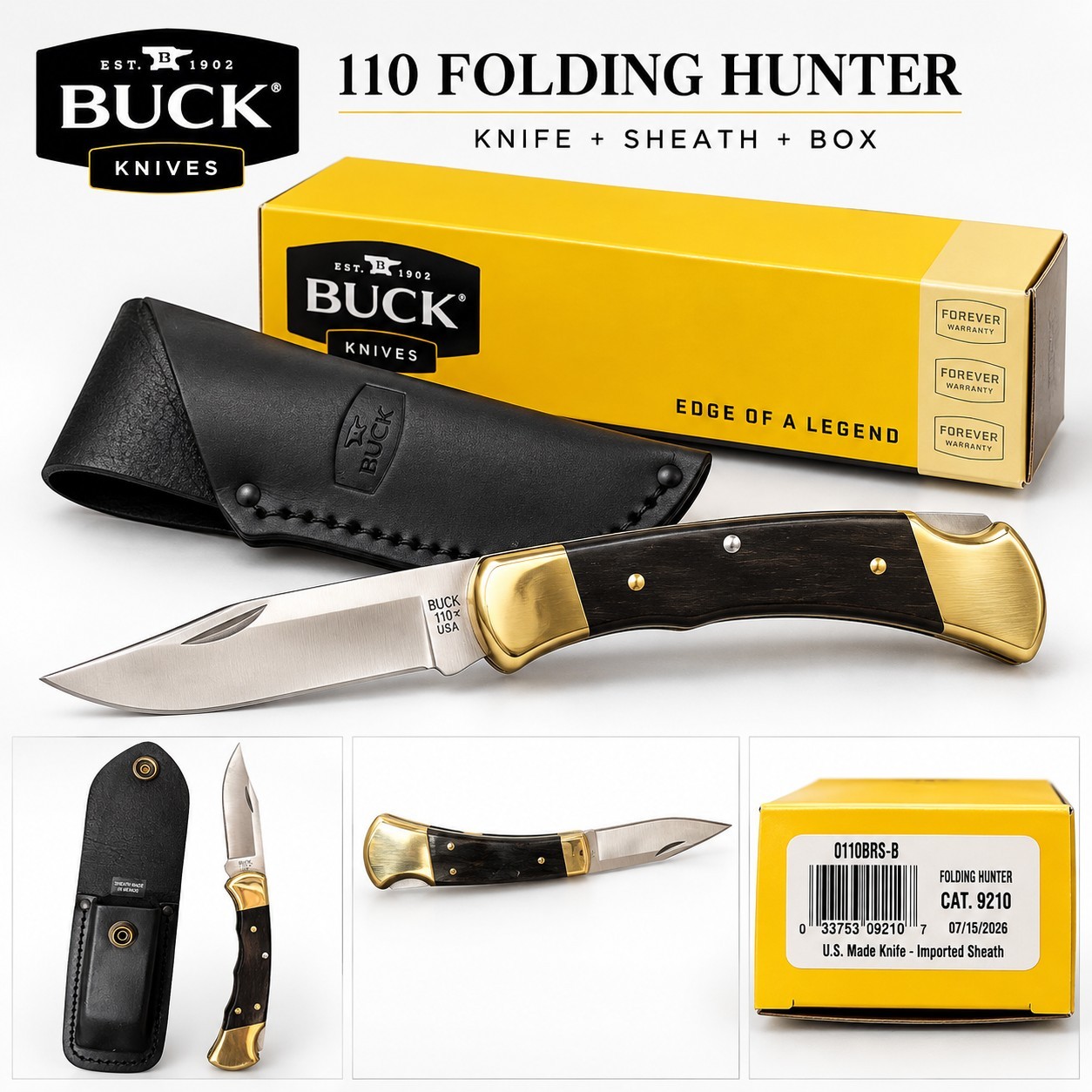 Brand New Buck 110 Folding Hunter 0110BRS-B Ebony Handle Knife w/ Sheath Box USA