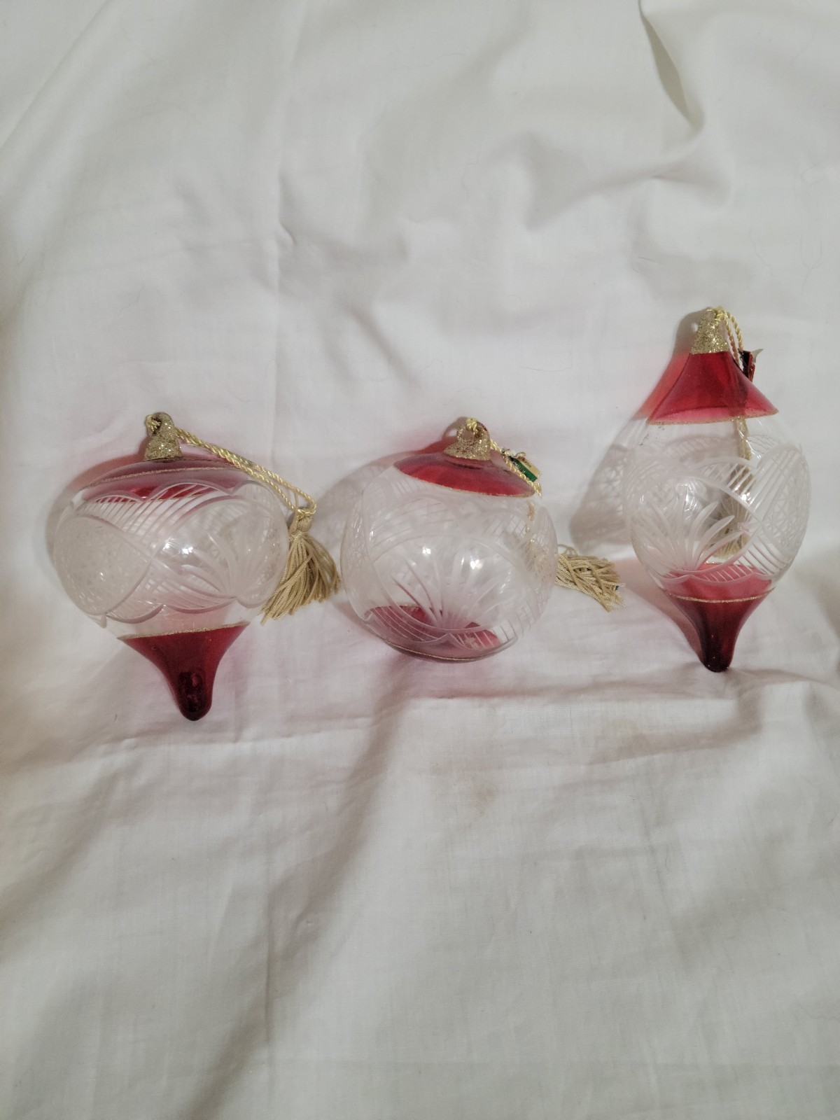 3 Vntg Marquis By Waterford Christmas Ornaments Cut Crystal Clear/Red 3 Vntg Marquis By Waterford Christmas Ornaments Cut Crystal Clear/Red